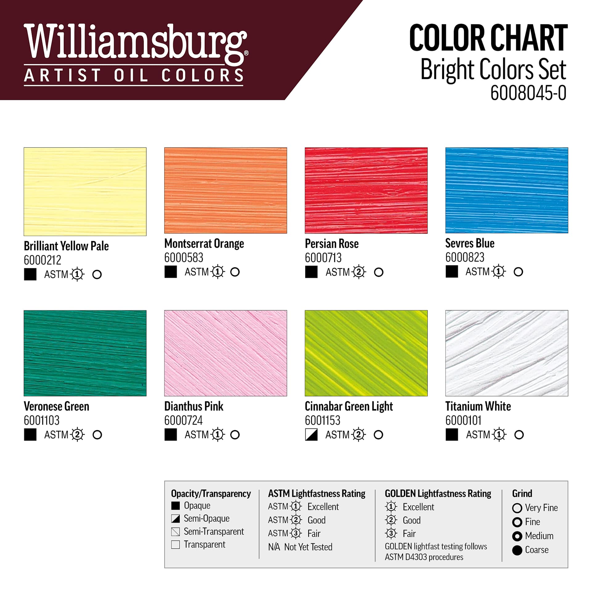 Williamsburg Handmade Oil Paints - Set of 8, Bright, 22 ml Tubes, swatches