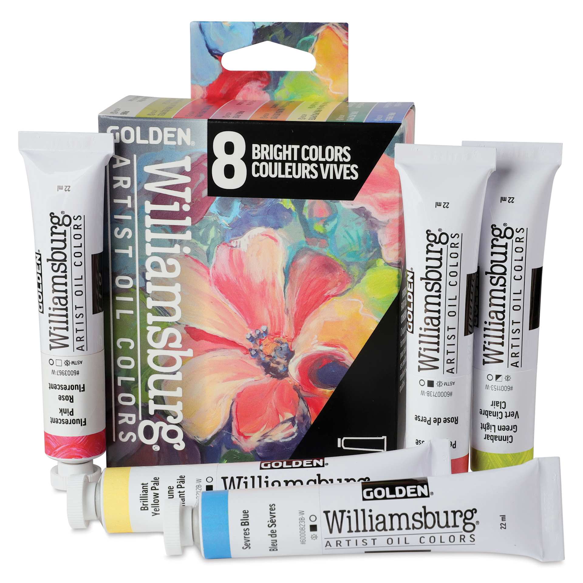 Williamsburg Handmade Oil Paints - Set of 8, Bright, 22 ml Tubes, contents and packaging