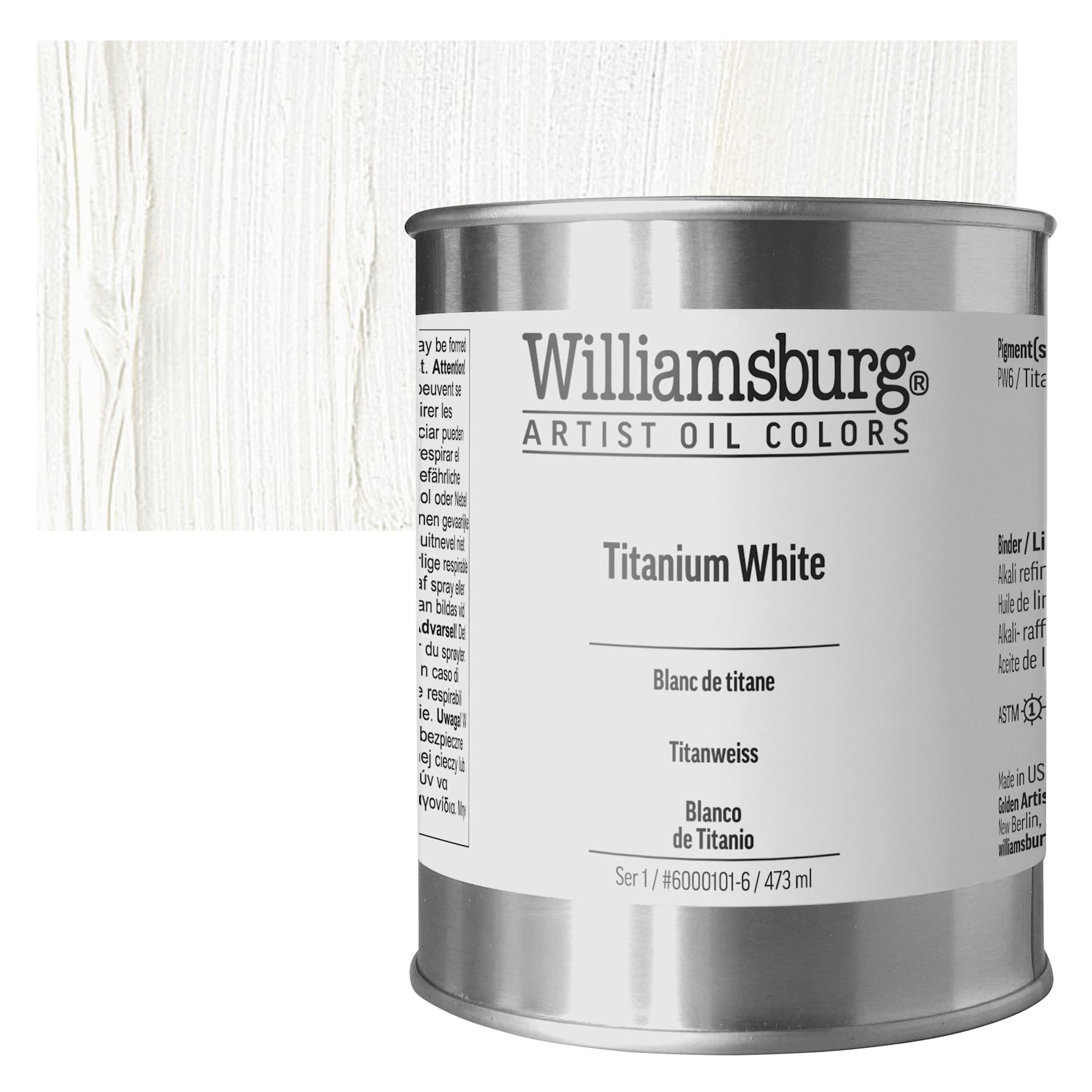 Williamsburg Handmade Oil Paint - Titanium White, 16 oz can and swatch