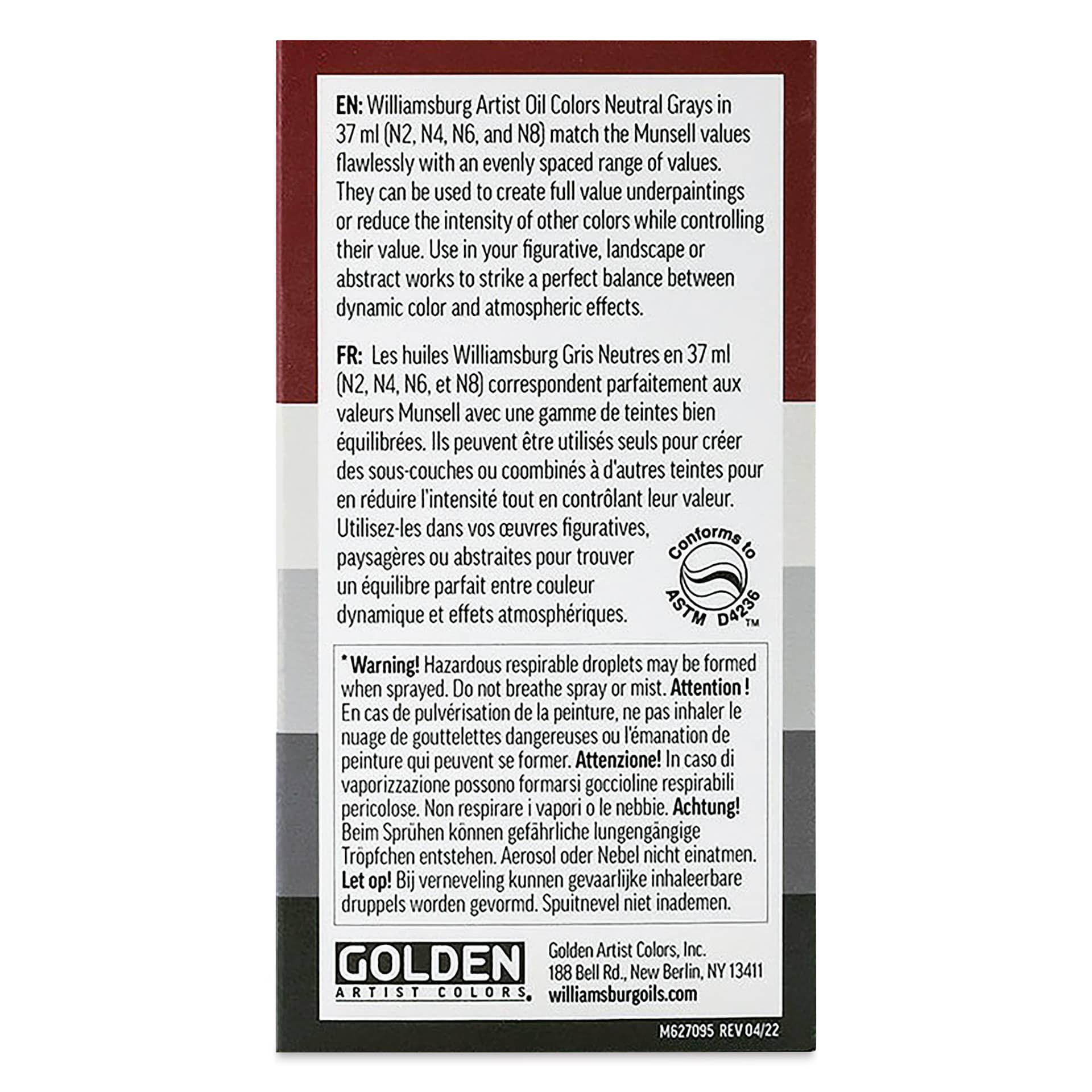 Williamsburg Handmade Oil Paints - Neutral Gray, Set of 4, 37 ml Tubes (Back of package)