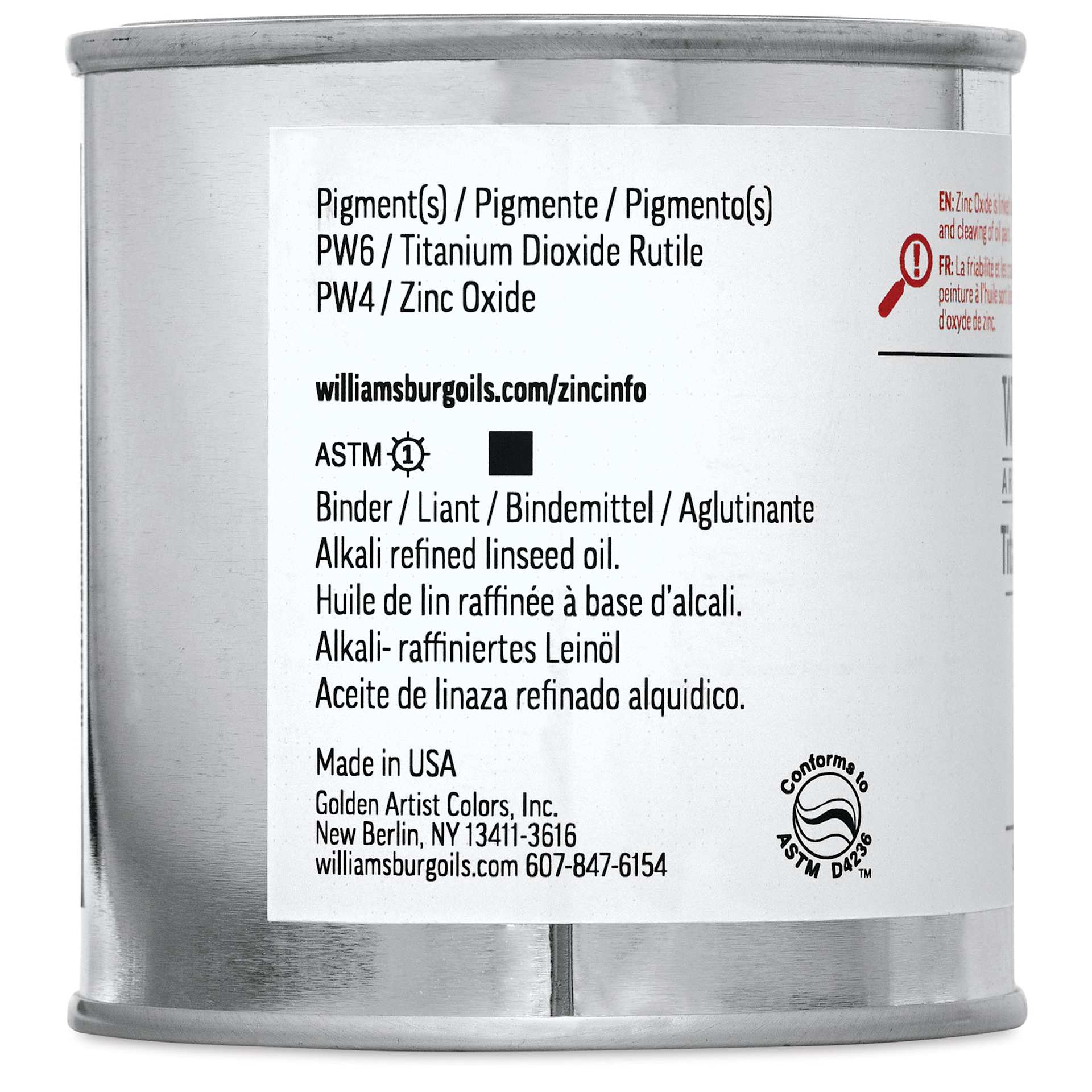Williamsburg Handmade Oil Paint - Titanium-Zinc White, 8 oz can left side