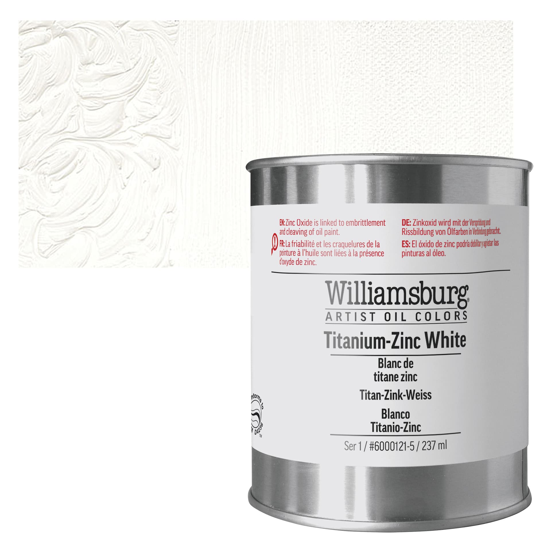 Williamsburg Handmade Oil Paint - Titanium-Zinc White, 8 oz can and swatch