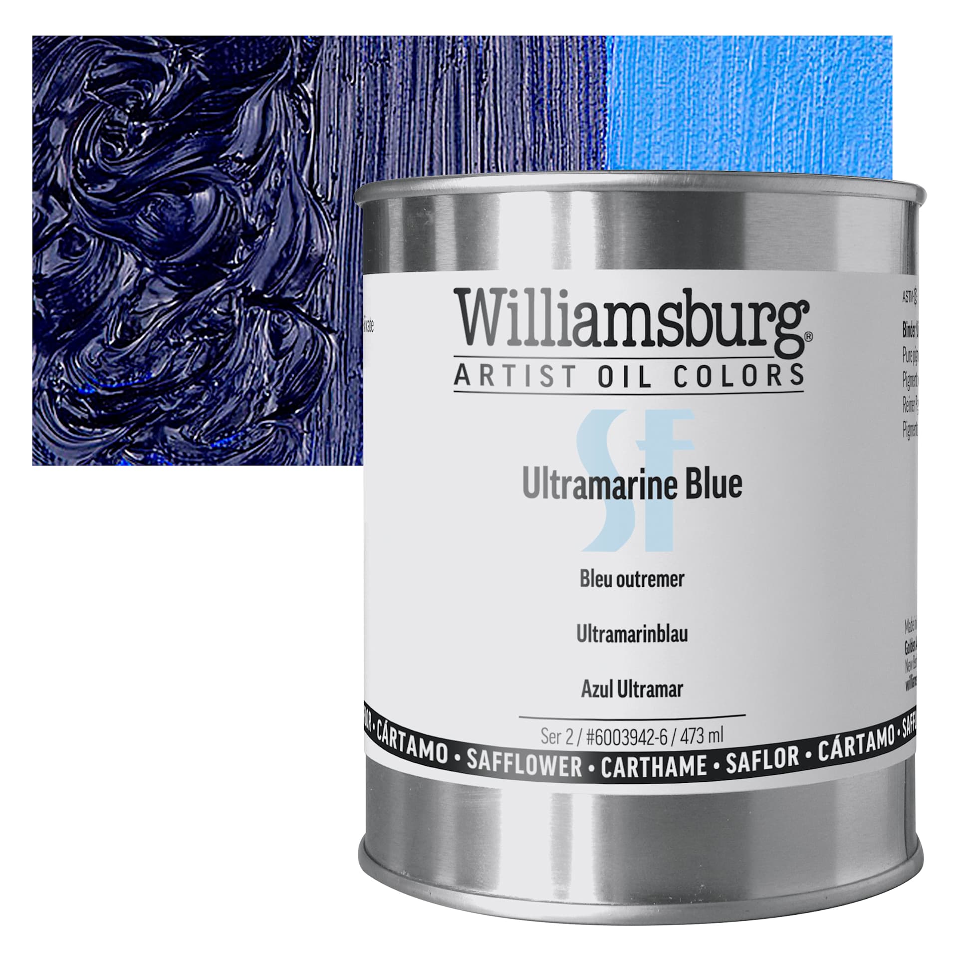 Williamsburg Handmade Safflower Oil Color - Ultramarine Blue, 16 oz can and swatch