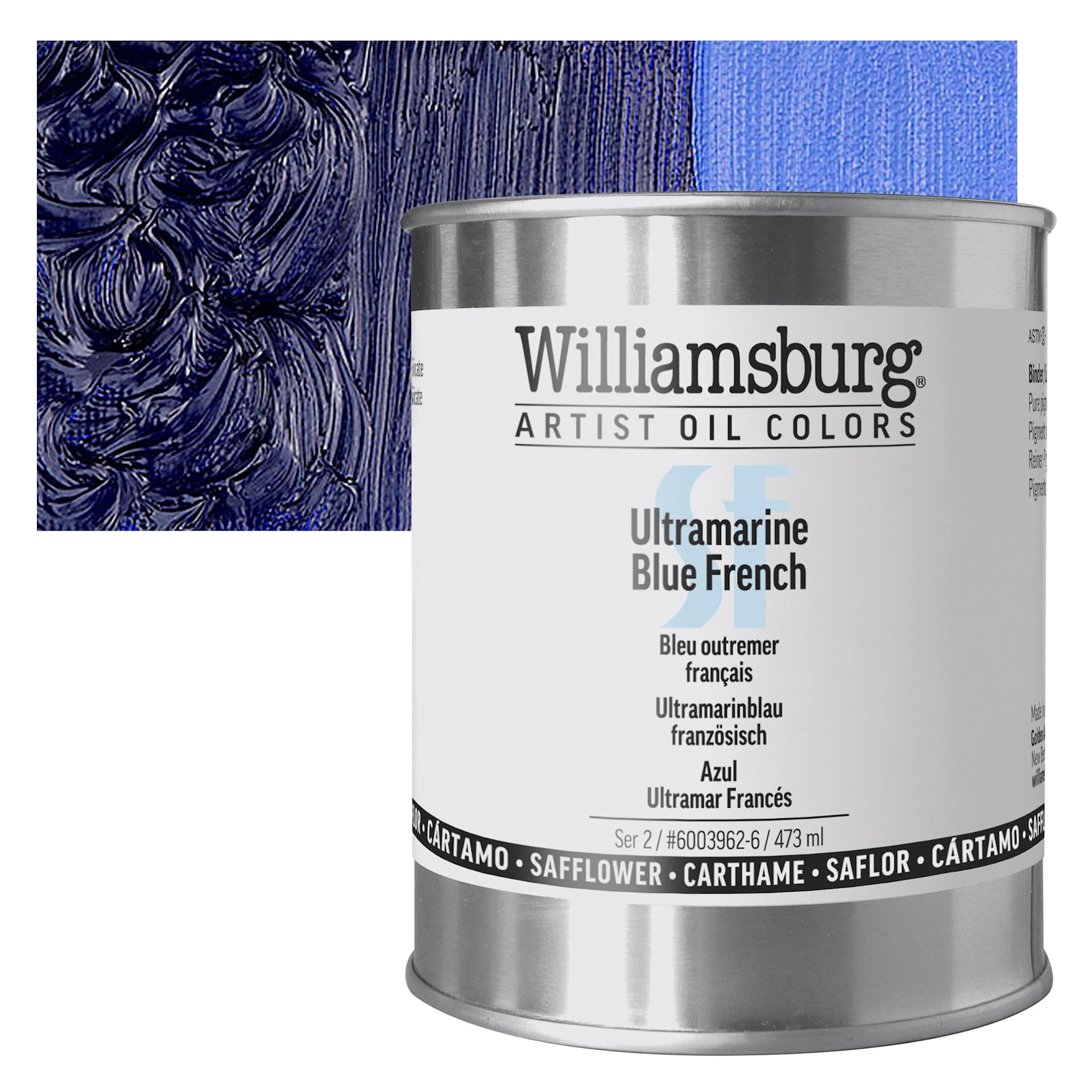 Williamsburg Handmade Safflower Oil Color - Ultramarine Blue French, 16 oz Can and swatch