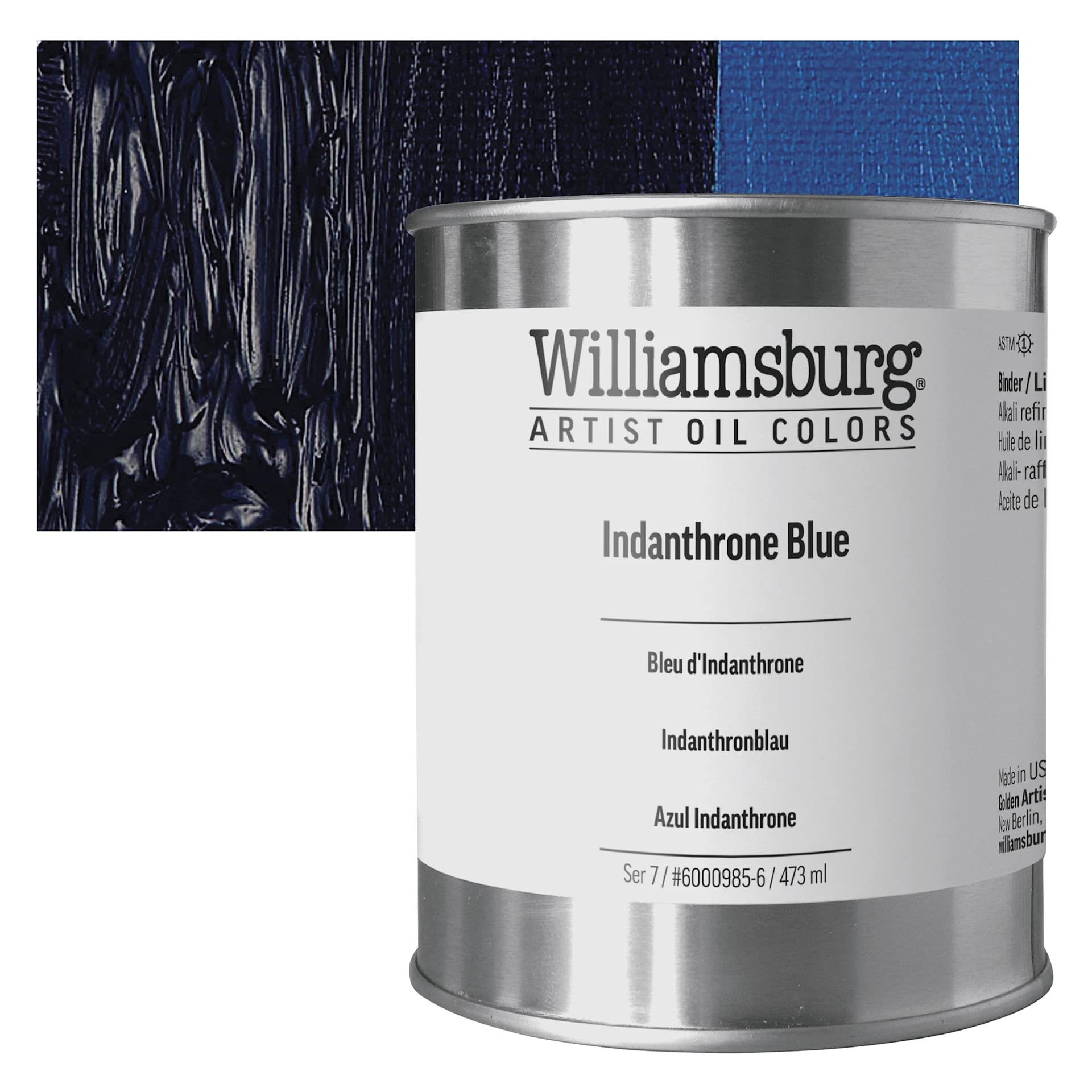 Williamsburg Handmade Oil Paint - Indanthrone Blue, 16 oz can and swatch