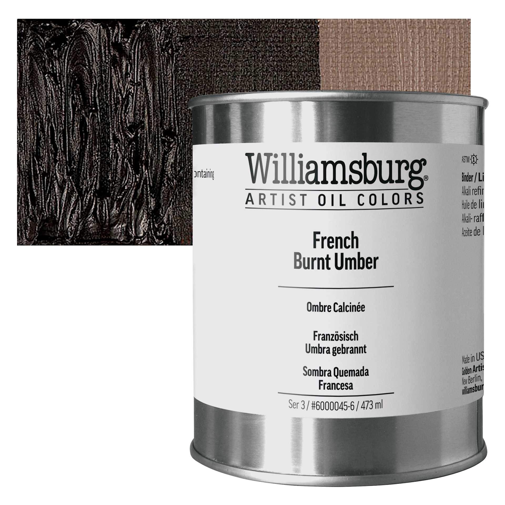 Williamsburg Handmade Oil Paint - French Burnt Umber, 16 oz can and swatch