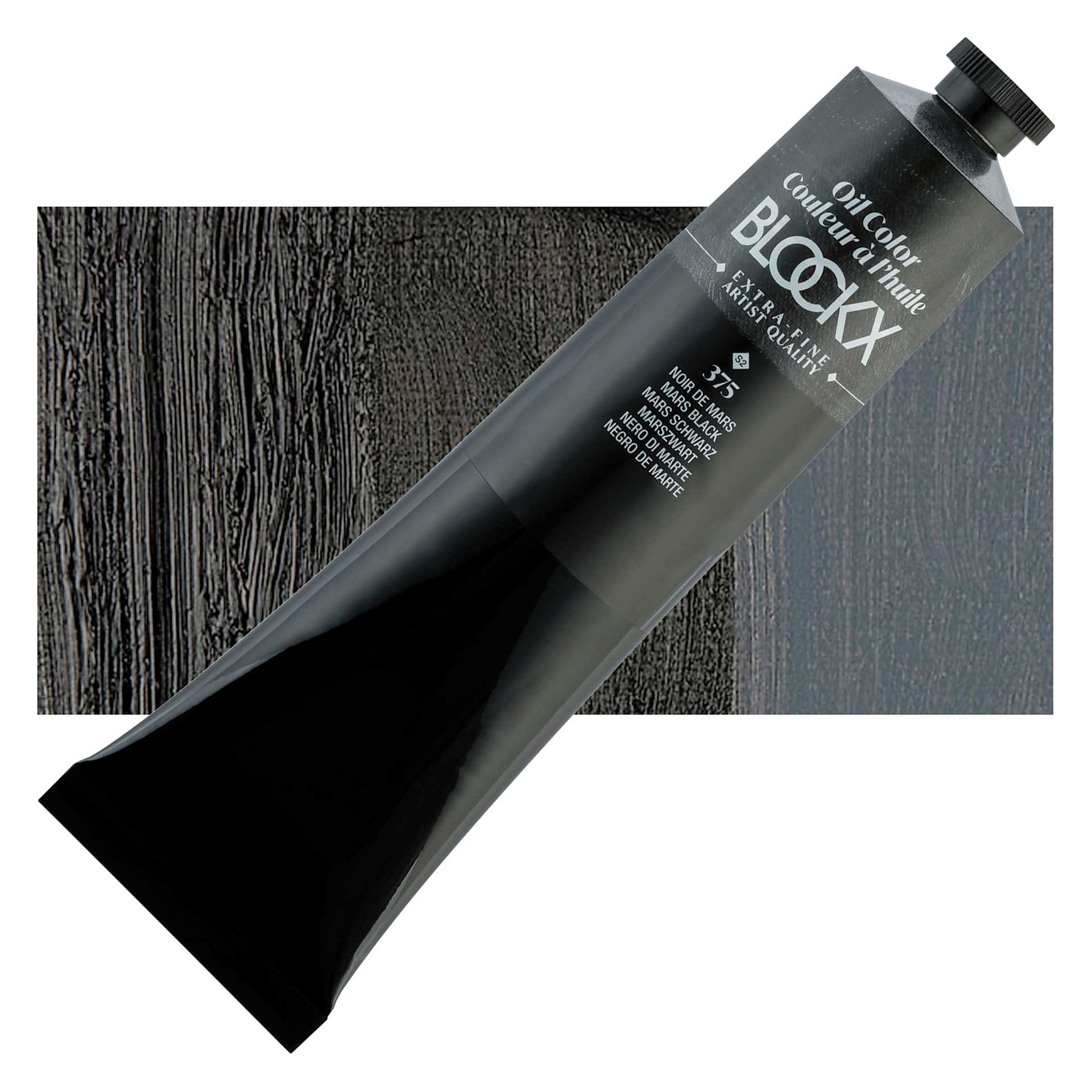 Blockx Artist Oil Color - Mars Black, 200 ml tube and swatch