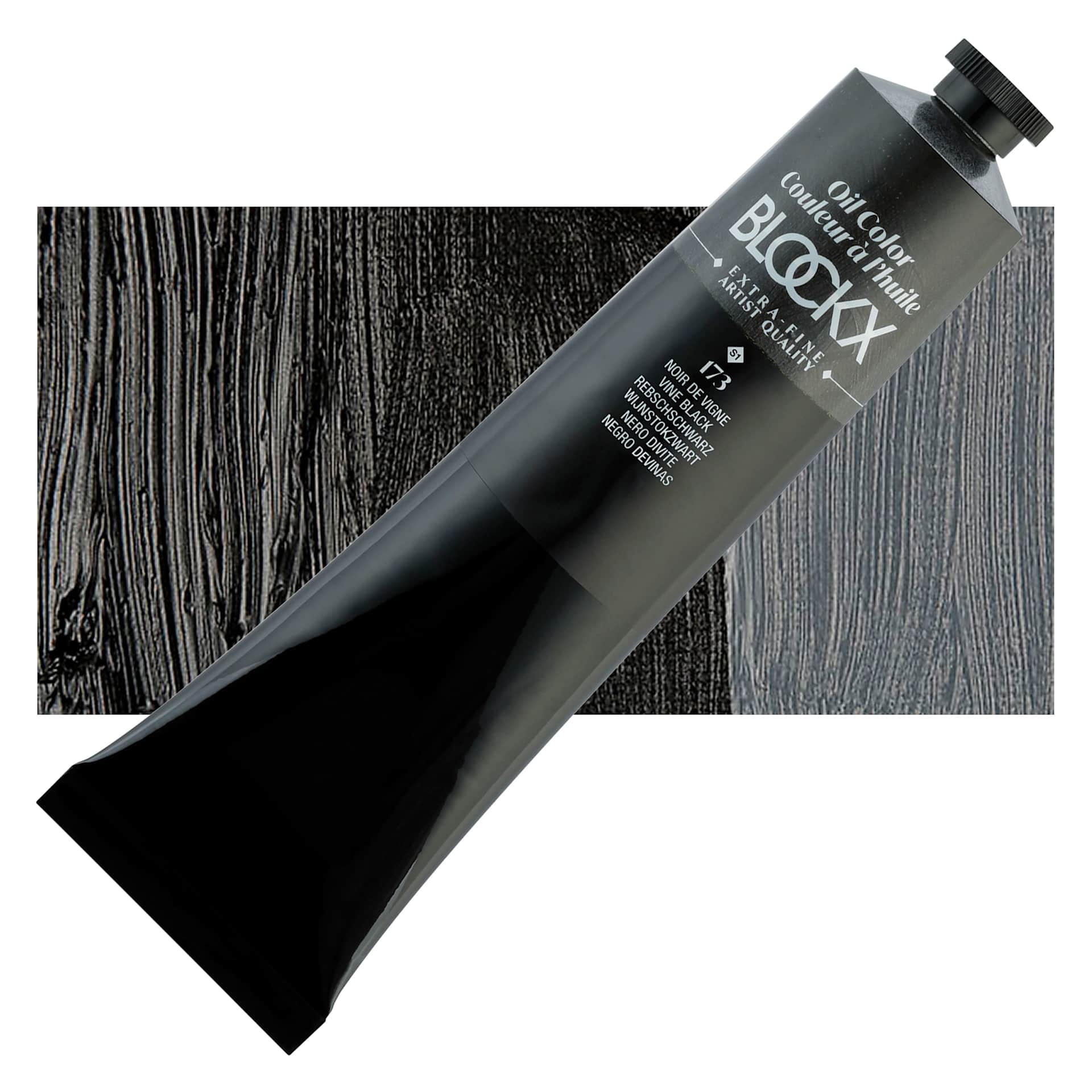Blockx Artist Oil Color - Vine Black, 200 ml tube and swatch