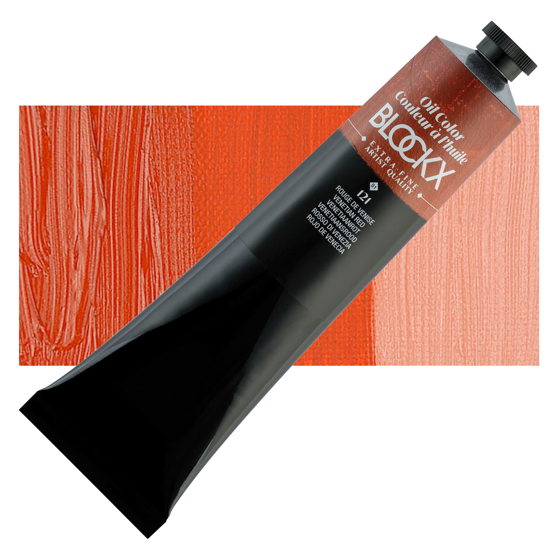 Blockx Artist Oil Color - Venetian Red, 200 ml tube and swatch