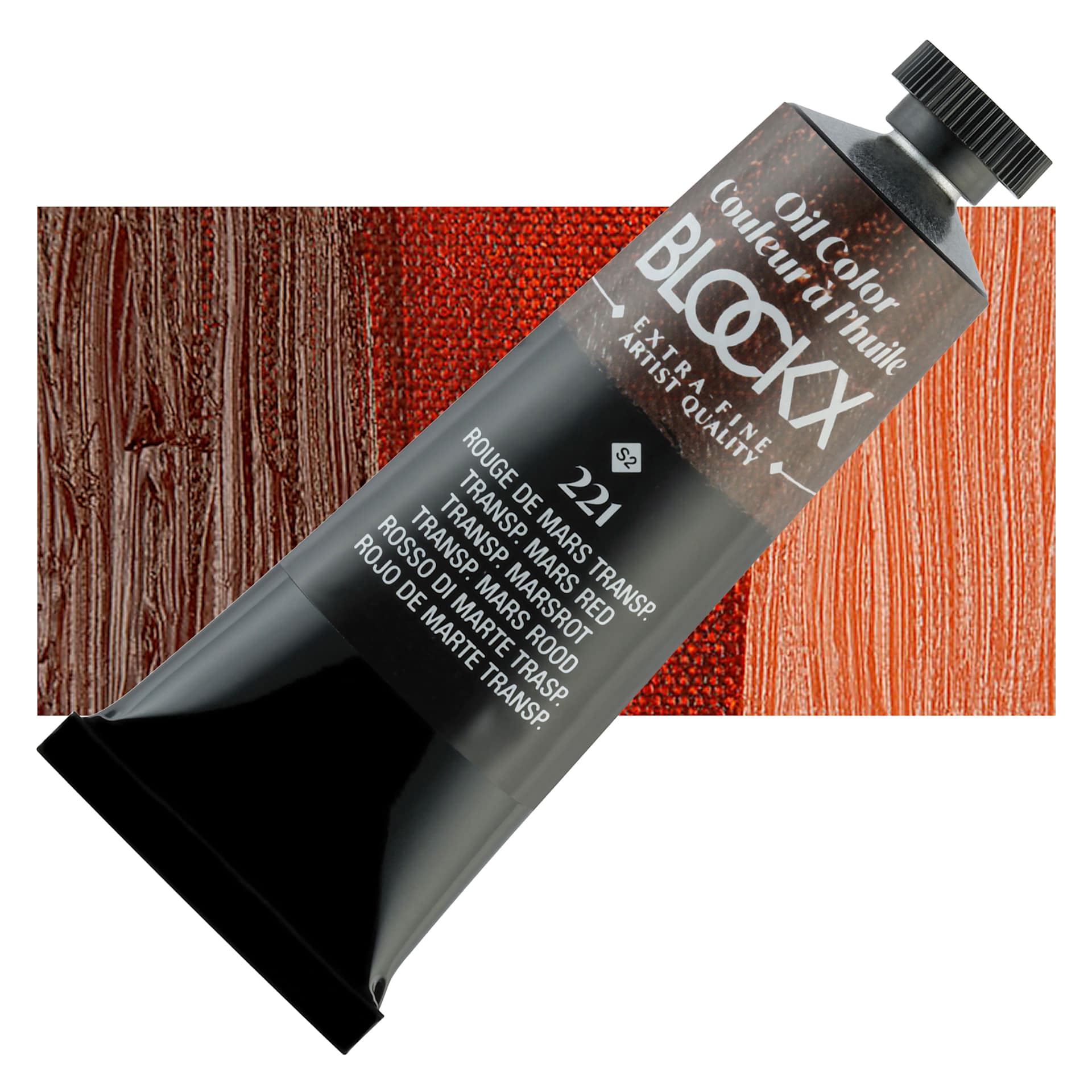 Blockx Artist Oil Color - Transparent Mars Red, 35 ml tube and swatch