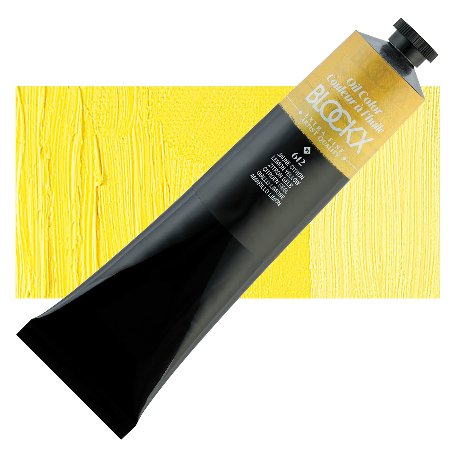 Blockx Artist Oil Color - Lemon Yellow, 200 ml tube and swatch