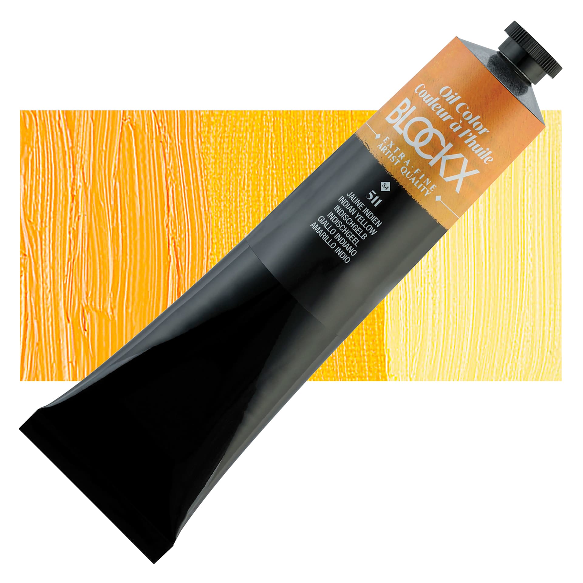 Blockx Artist Oil Color - Indian Yellow, 200 ml tube and swatch