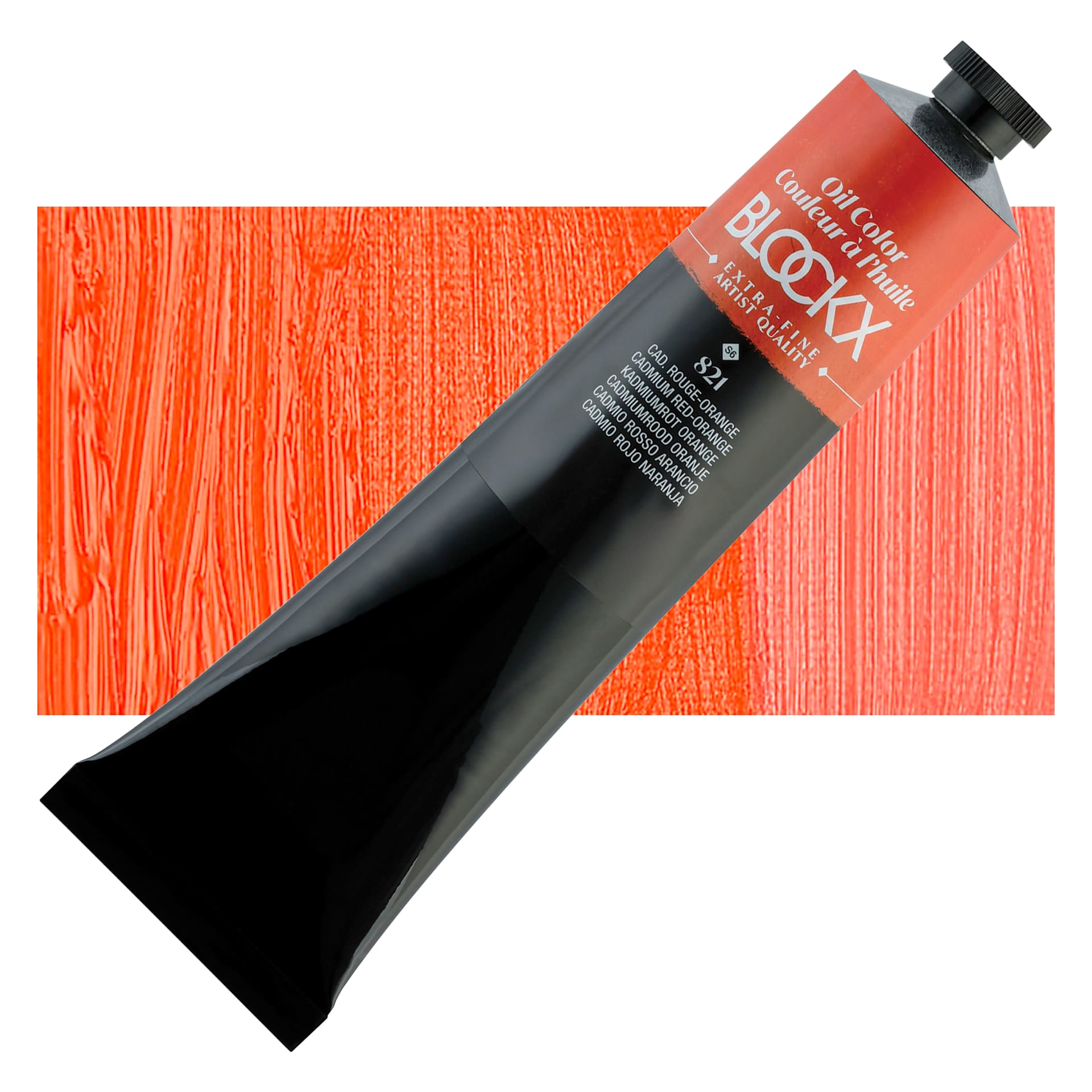 Blockx Artist Oil Color - Cadmium Red Orange, 200 ml Tube and swatch
