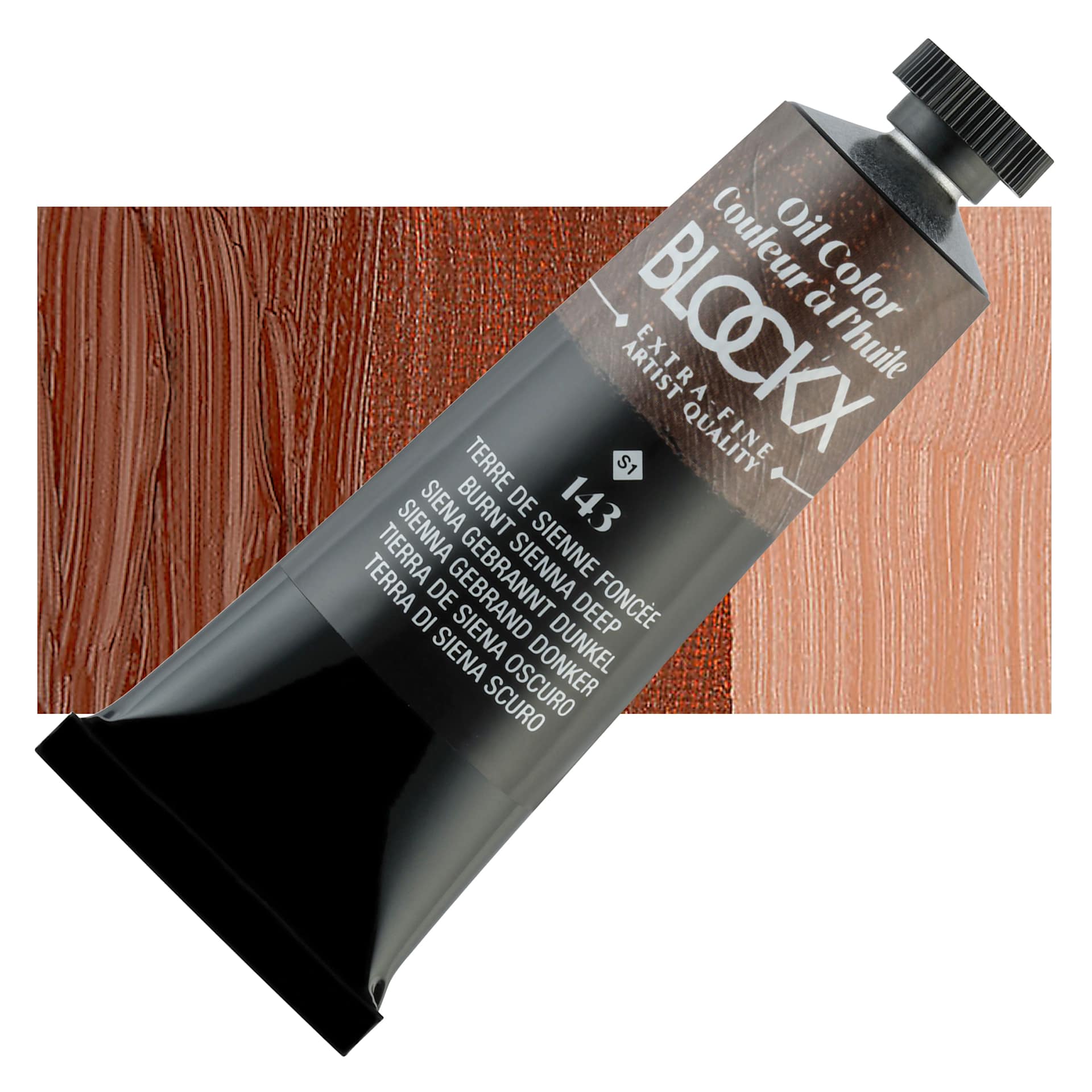 Blockx Artist Oil Color - Burnt Sienna Deep, 35 ml Tube and swatch