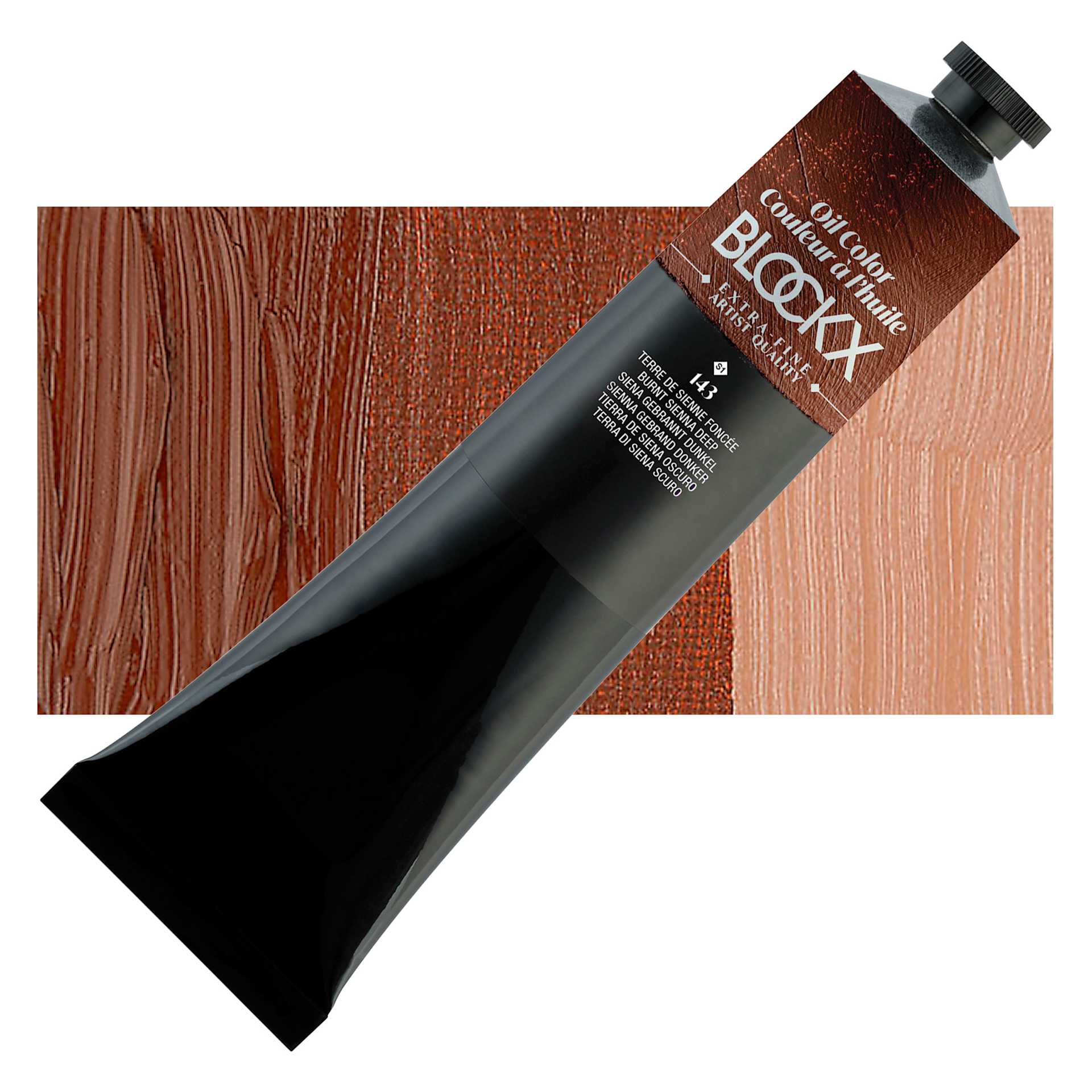 Blockx Artist Oil Color - Burnt Sienna Deep, 200 ml Tube and swatch