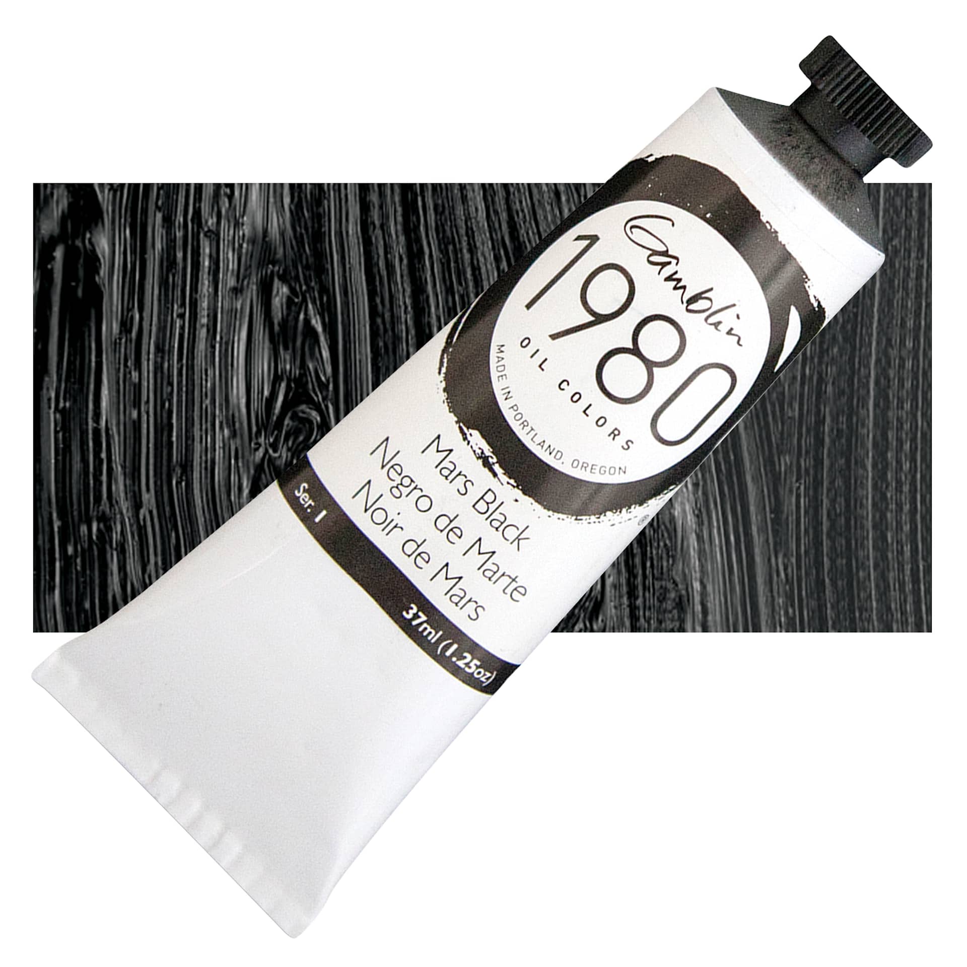 Gamblin 1980 Oil Paint - Mars Black, 37 ml tube and swatch
