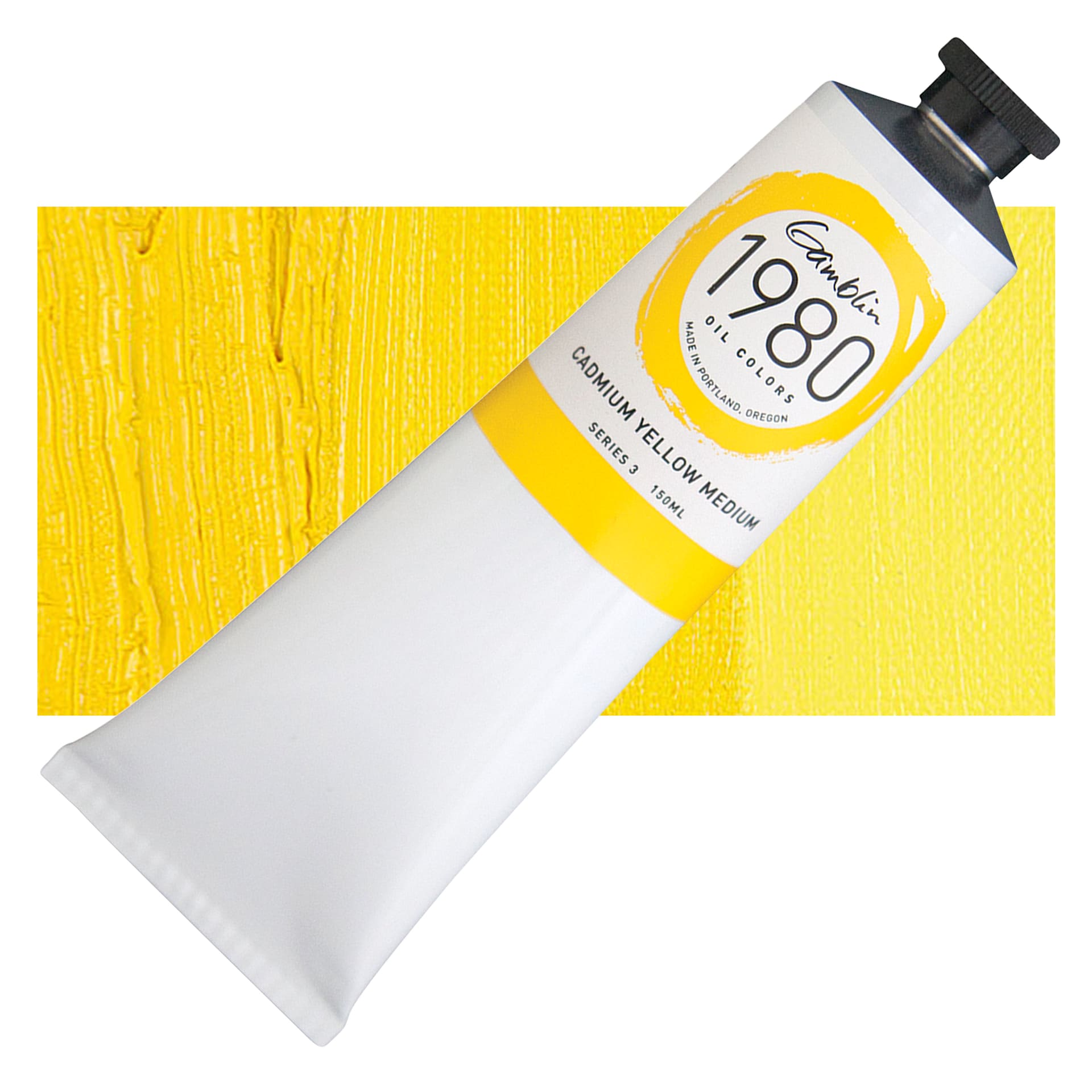 Gamblin 1980 Oil Paint - Cadmium Yellow Medium, 150 ml tube and swatch