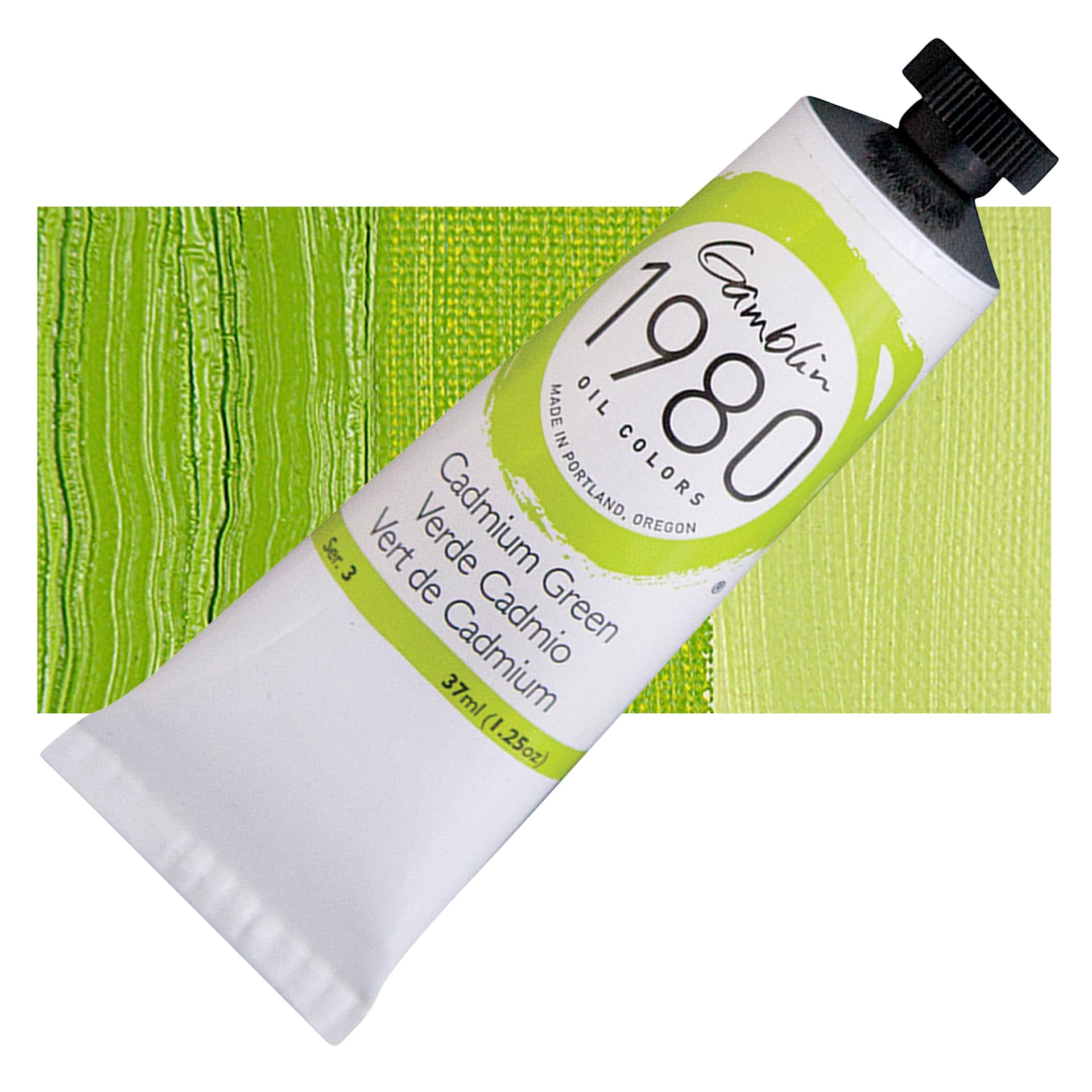 Gamblin 1980 Oil Paint - Cadmium Green, 37 ml tube and swatch