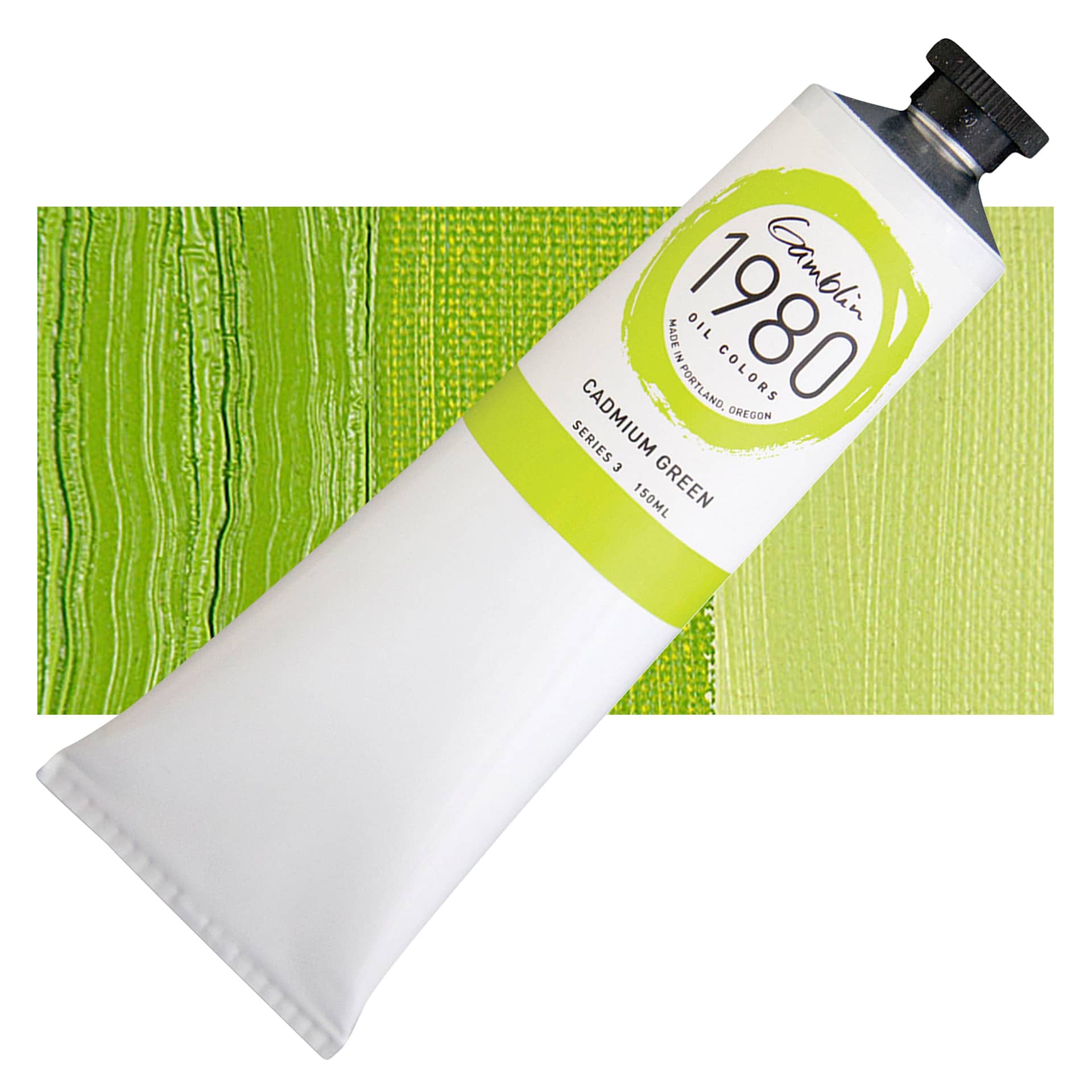 Gamblin 1980 Oil Paint - Cadmium Green, 150 ml tube and swatch