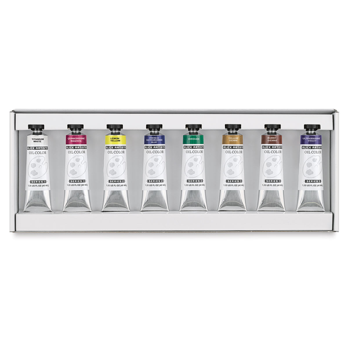 Blick Artists' Oil Color - Set of 8 colors, 40 ml tubes set contents Blick Artists' Oil Color - Set of 8 colors, 40 ml tubes set contents