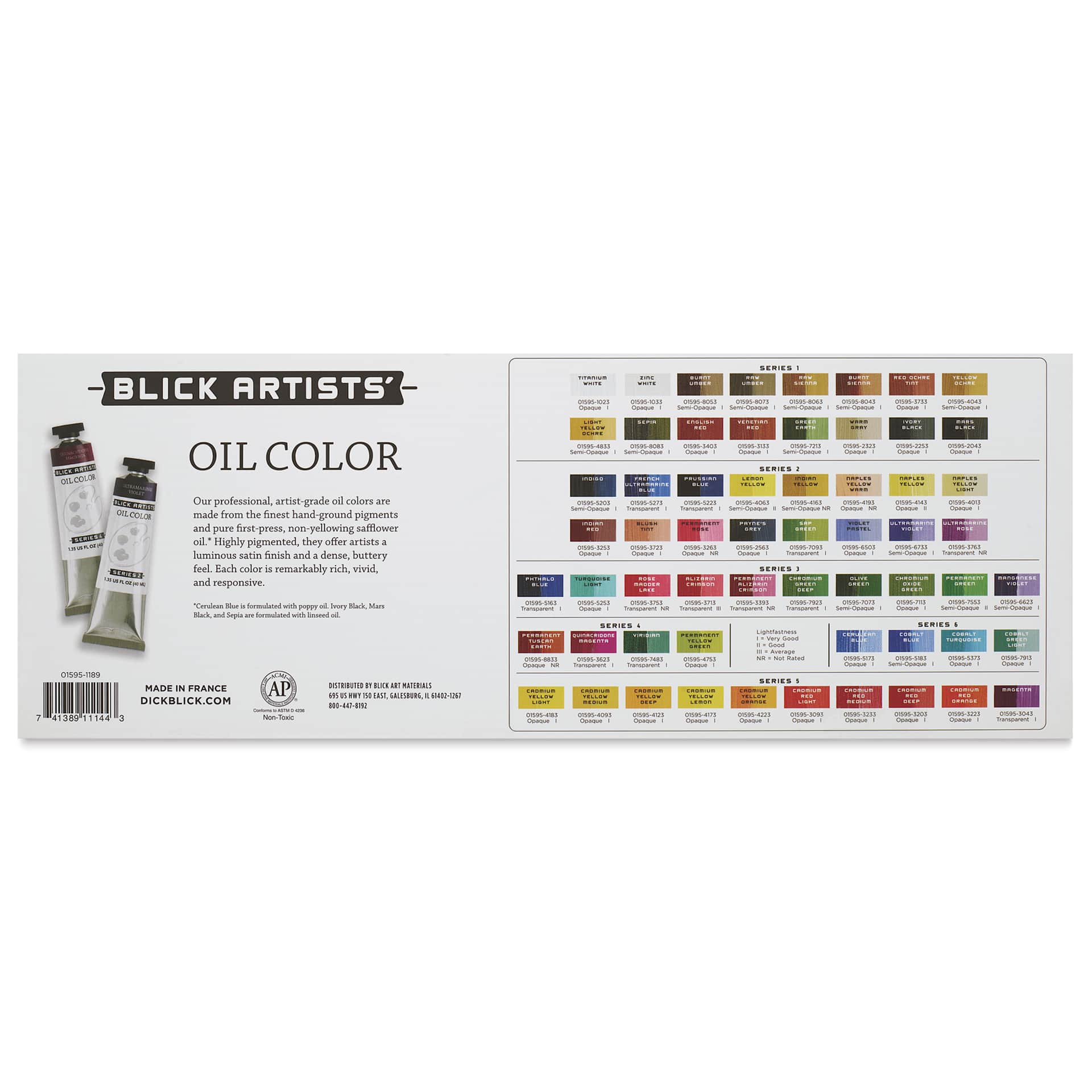 Blick Artists' Oil Color - Set of 8 colors, 40 ml tubes, back of packaging