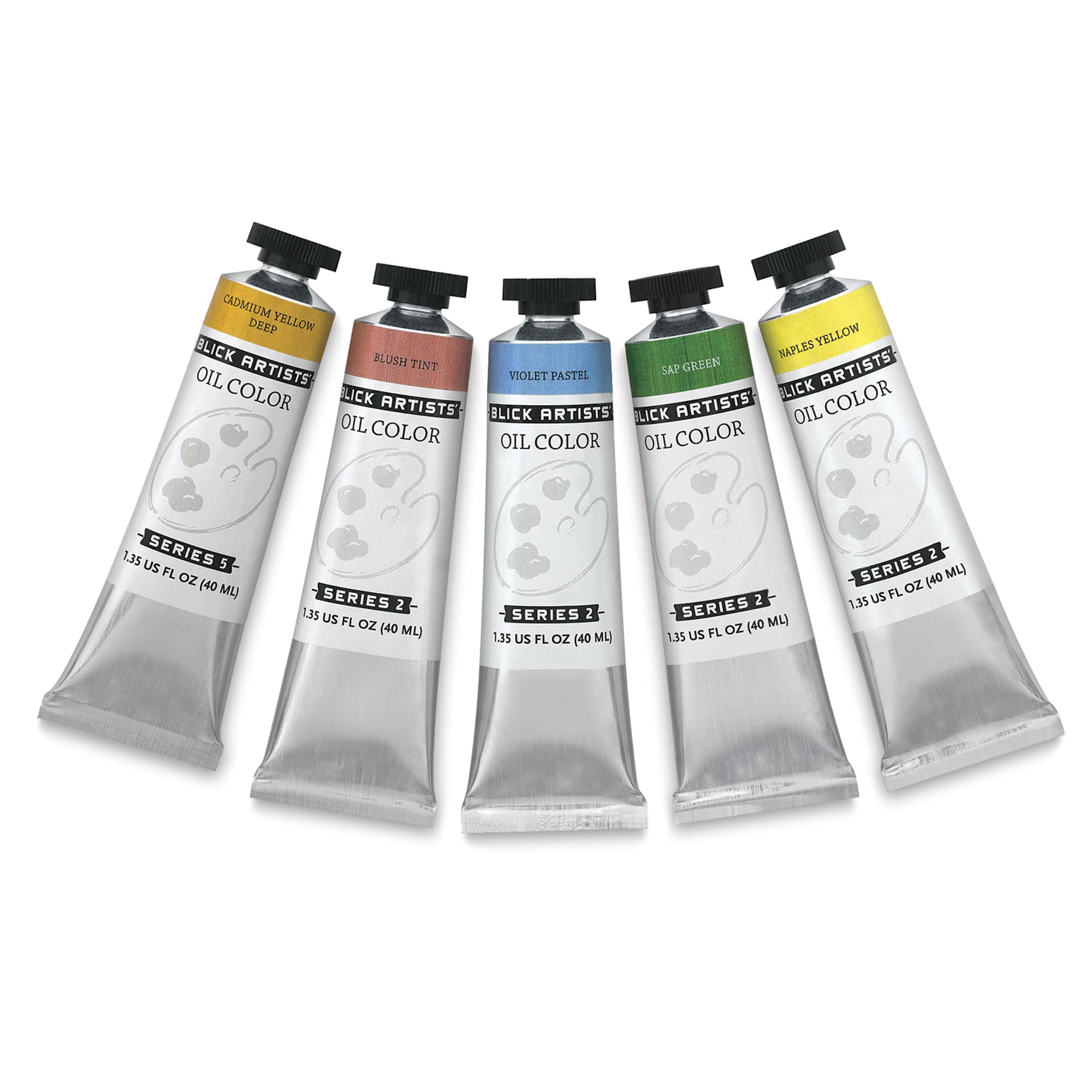 Blick Artists' Oil Paints - Cadmium Yellow Deep, Blush Tint, Violet Pastel, Sap Green, and Naples Yellow 40 ml tubes