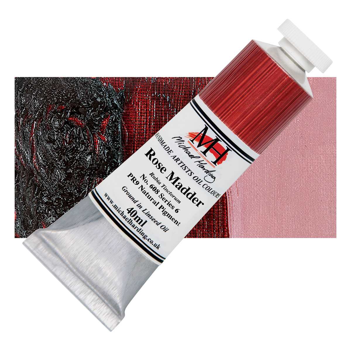 Michael Harding Artists Oil Paint - Rose Madder, 40 ml tube and swatch