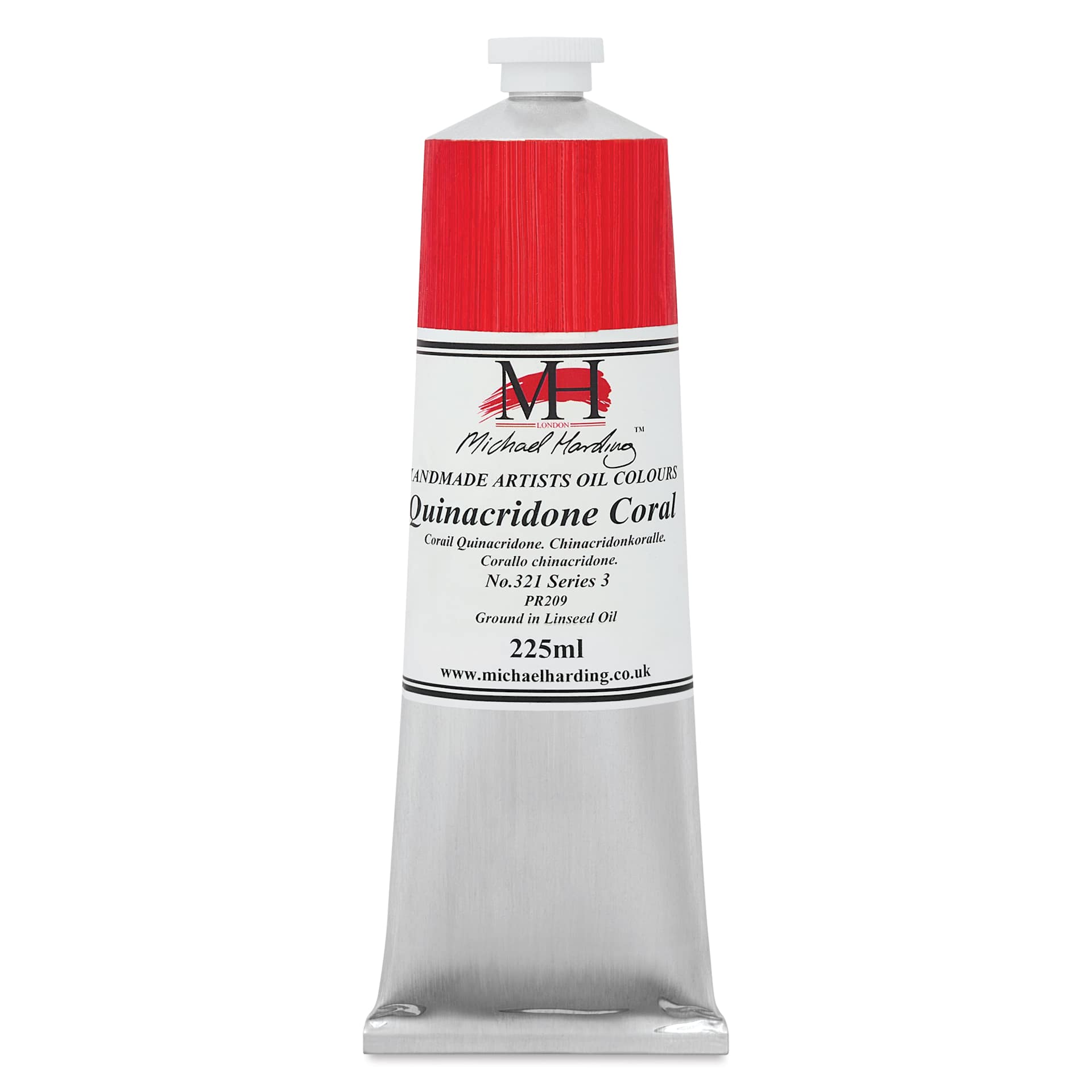Michael Harding Artists Oil Color - Quinacridone Coral, front of 225 ml tube