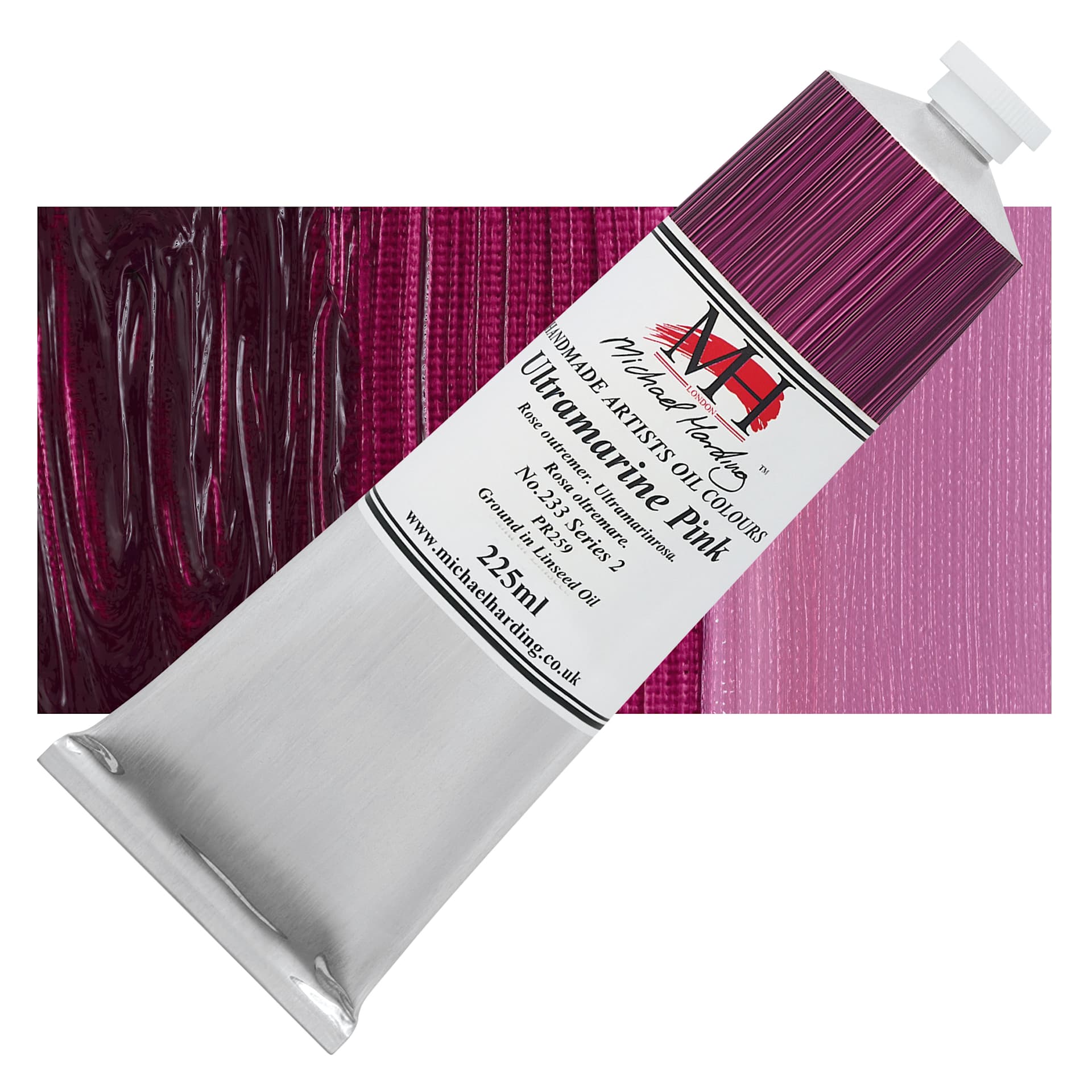Michael Harding Artists Oil Color - Ultramarine Pink, 225 ml tube and swatch