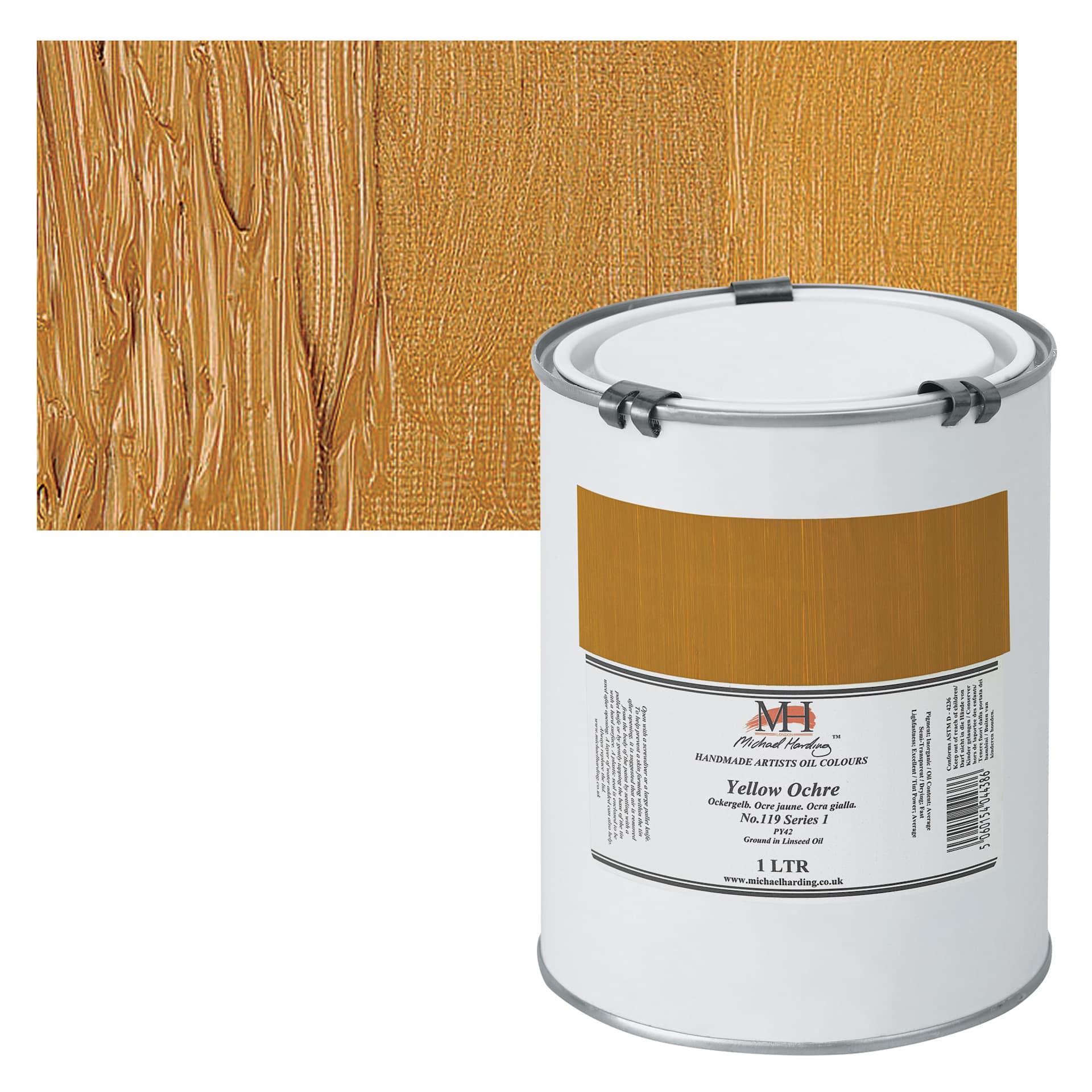 Michael Harding Artists Oil Paint - Yellow Ochre, 1 Liter and swatch