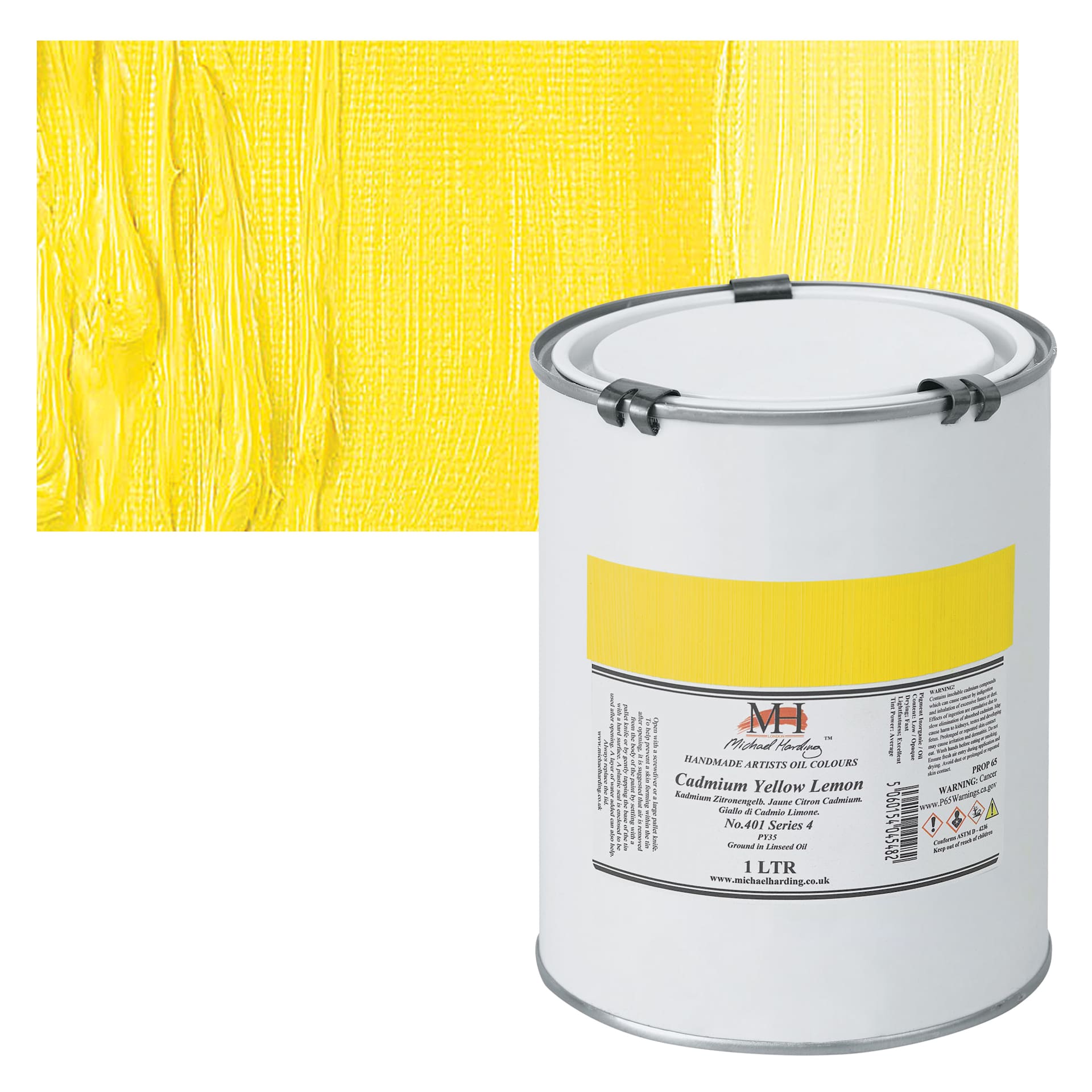 Michael Harding Artists Oil Paint - Cadmium Yellow Lemon, 1 Liter and swatch