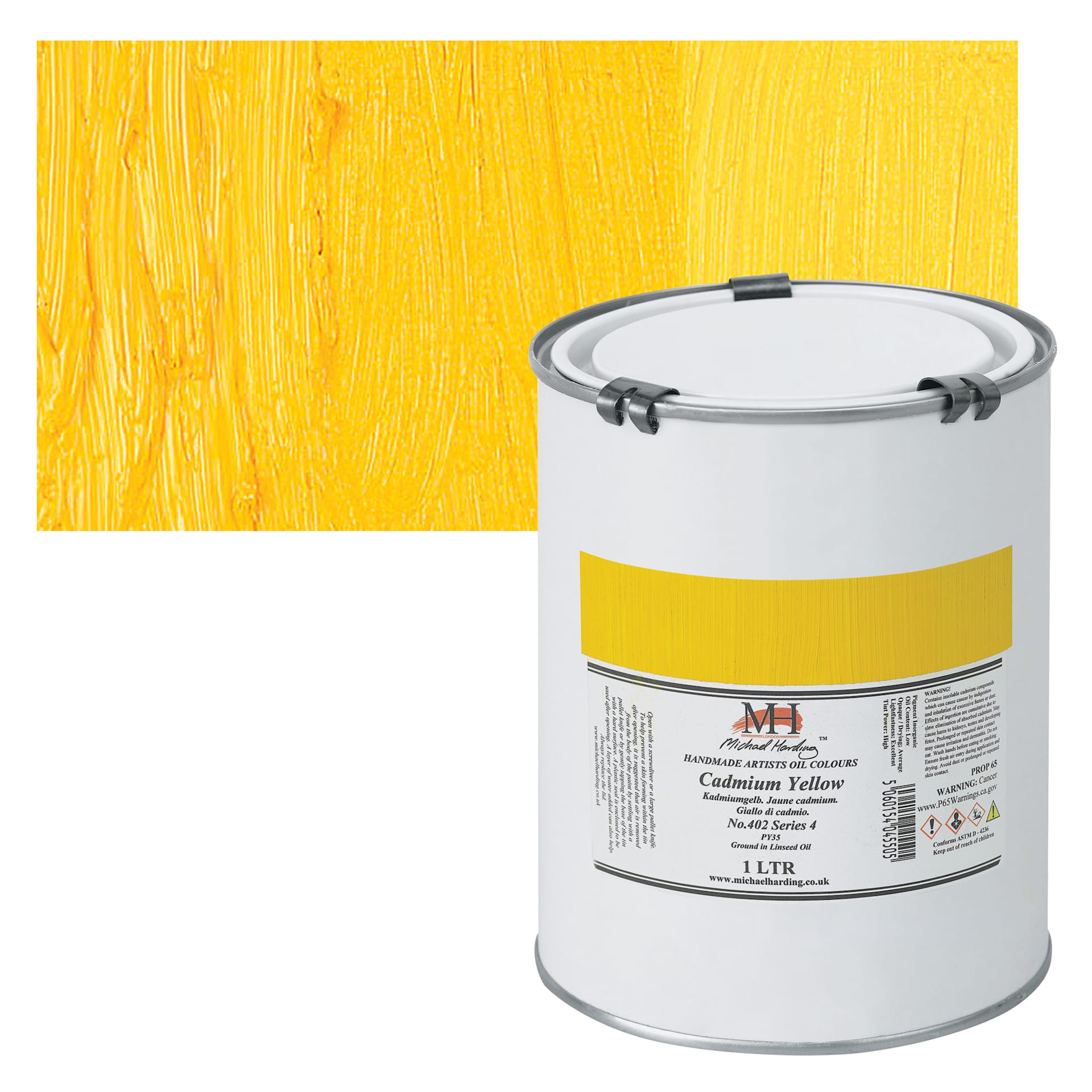 Michael Harding Artists Oil Paint - Cadmium Yellow, 1 Liter and swatch