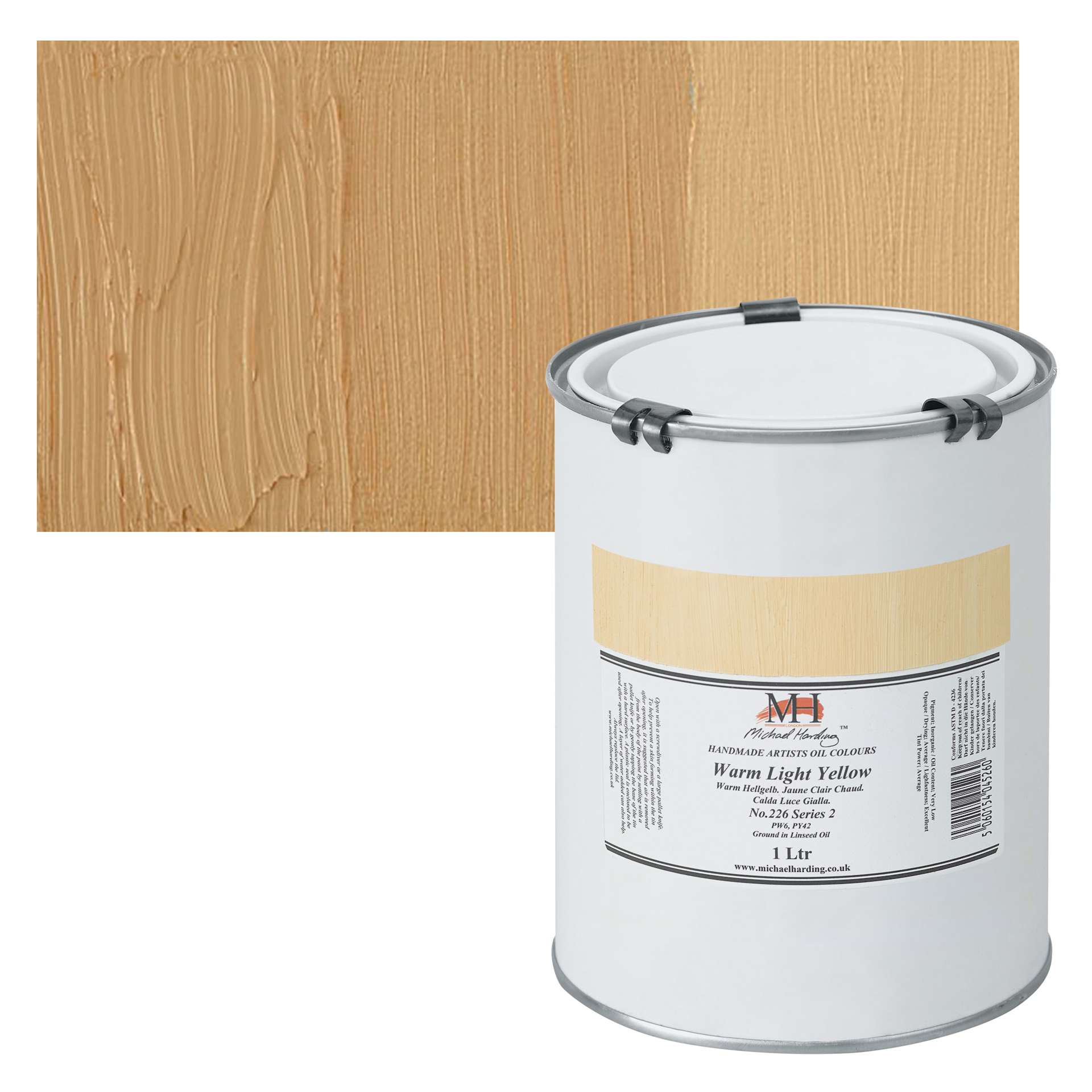 Michael Harding Artists Oil Paint - Warm Light Yellow, 1 Liter and swatch