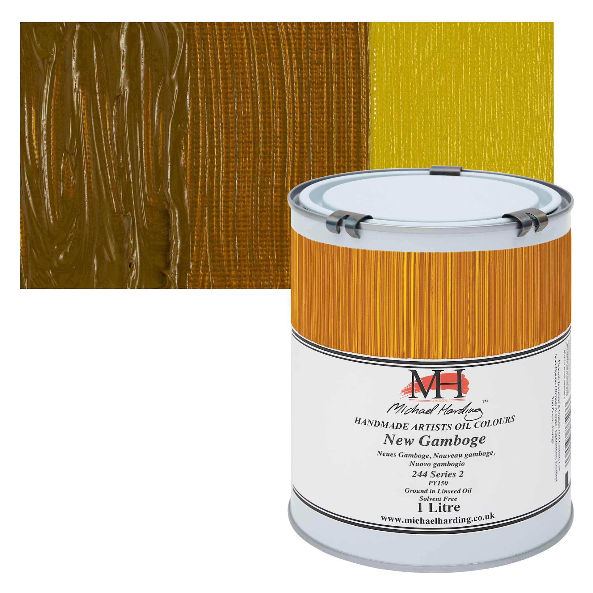 Michael Harding Artists Oil Color - New Gamboge, 1 Liter can and swatch