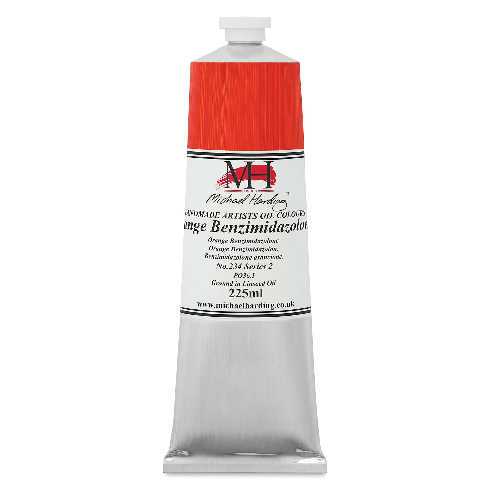 Michael Harding Artists Oil Color - Orange Benzimidazolone, front of 225 ml tube