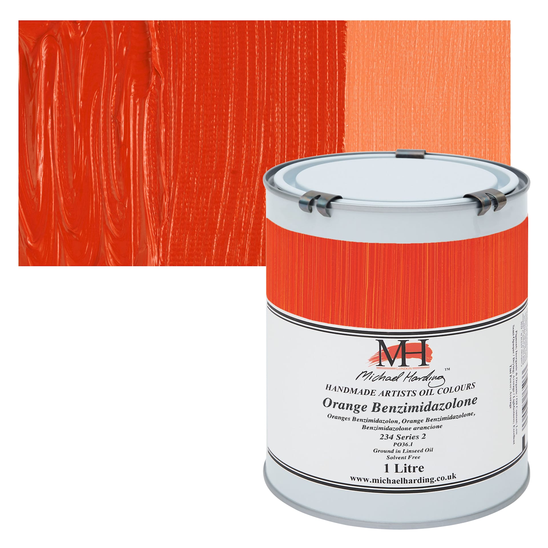 Michael Harding Artists Oil Color - Orange Benzimidazolone, 1 Liter can and swatch
