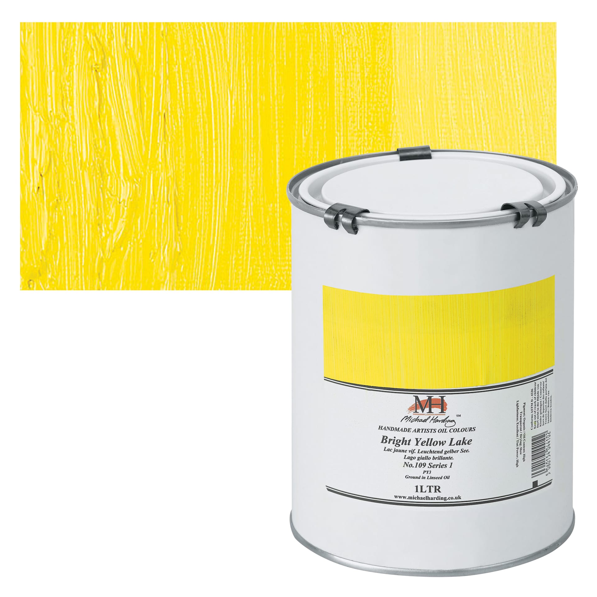 Michael Harding Artists Oil Paint - Bright Yellow Lake, 1 Liter and swatch