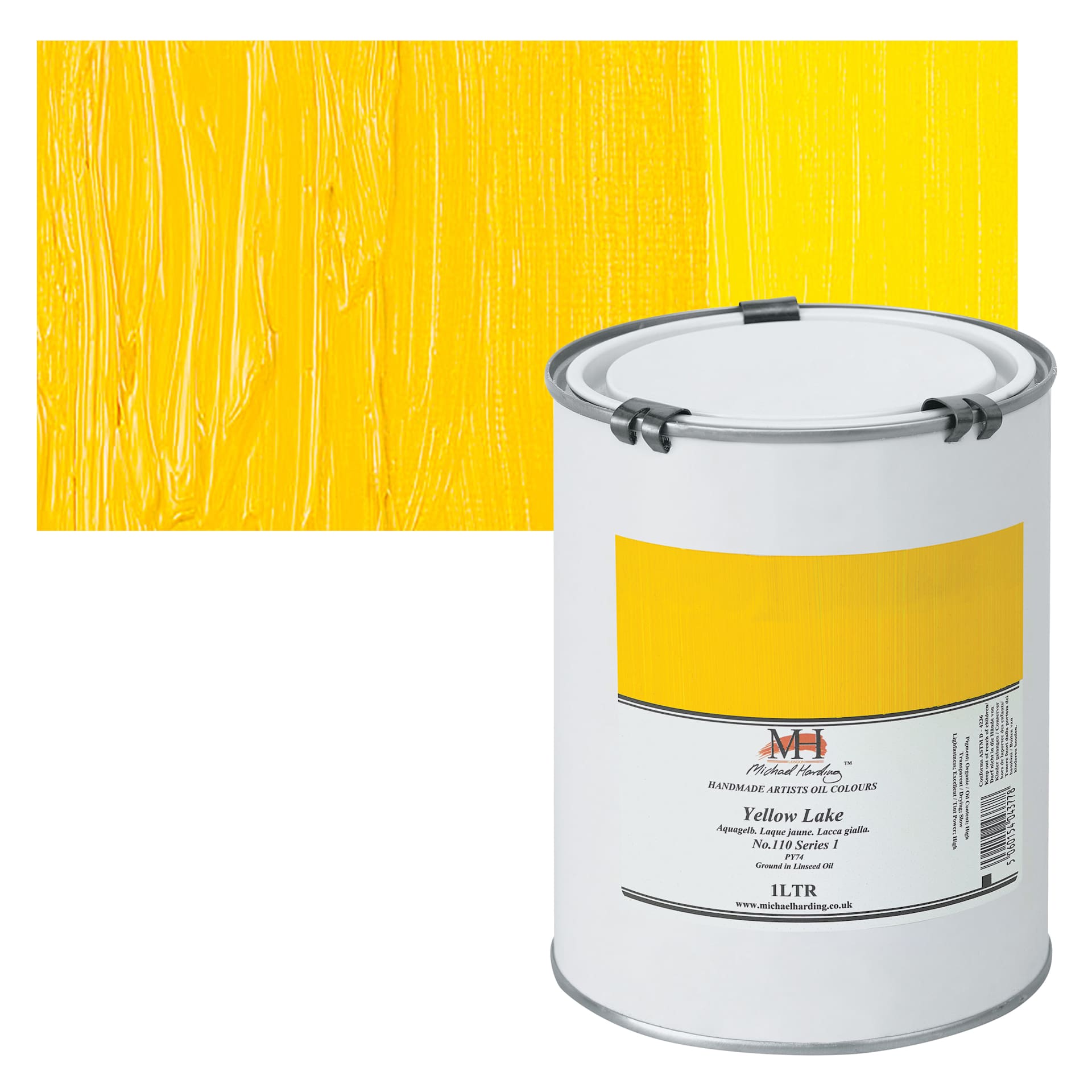 Michael Harding Artists Oil Paint - Yellow Lake, 1 Liter and swatch