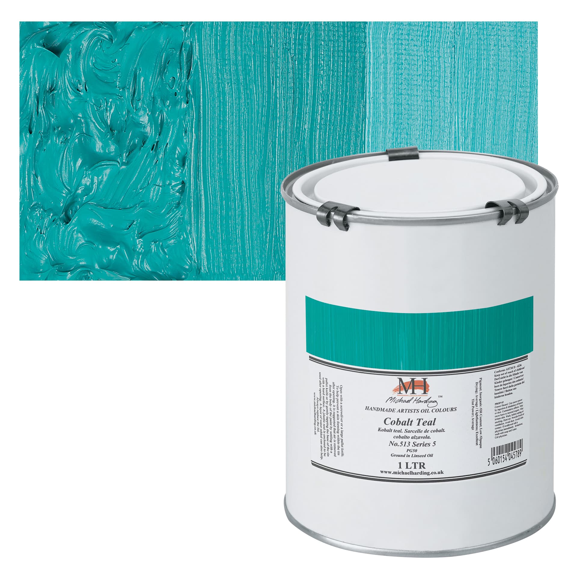 Michael Harding Artists Oil Paint - Cobalt Teal, 1 Liter and swatch