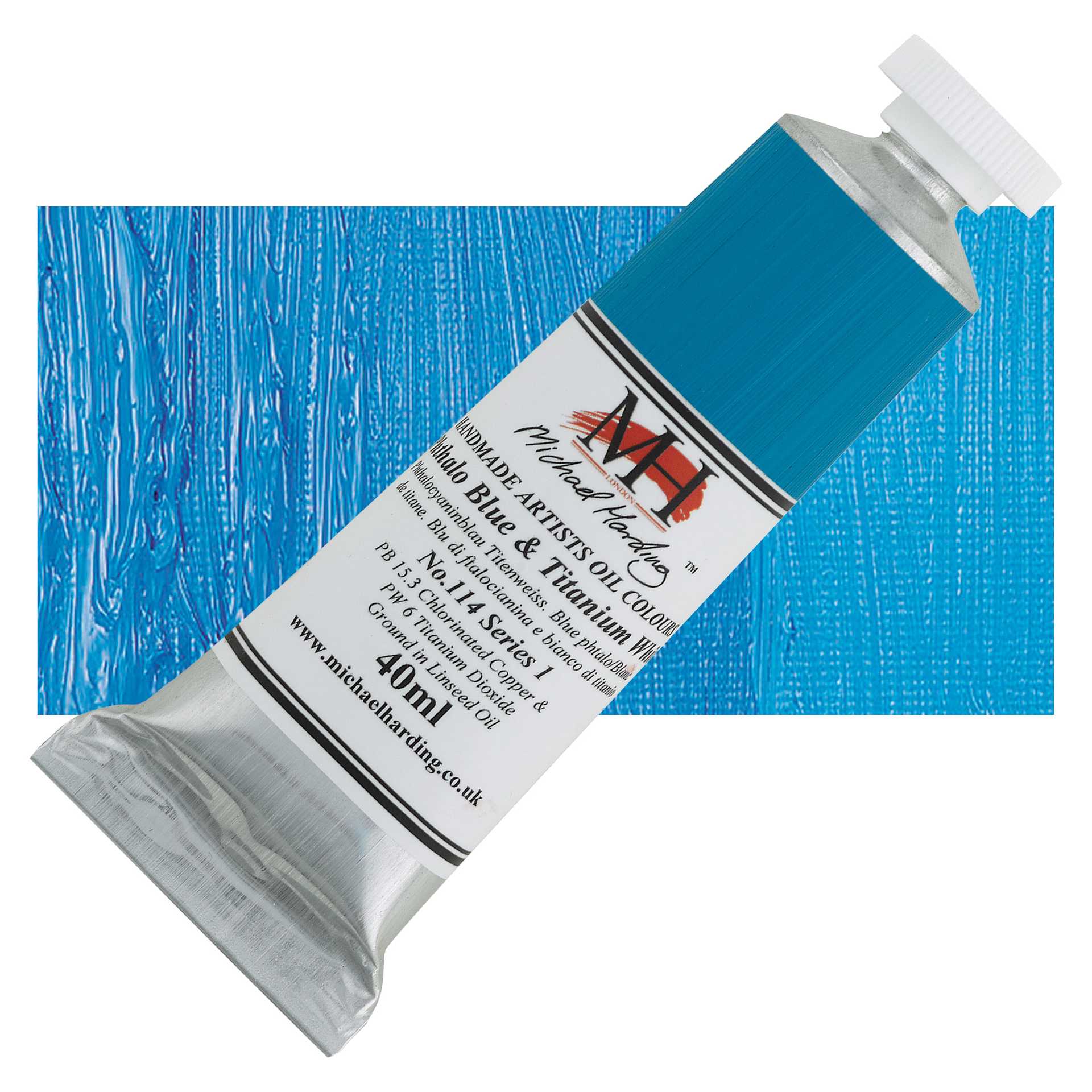 Michael Harding Artists Oil Paint - Phthalo Blue and Titanium White, 40 ml tube and swatch