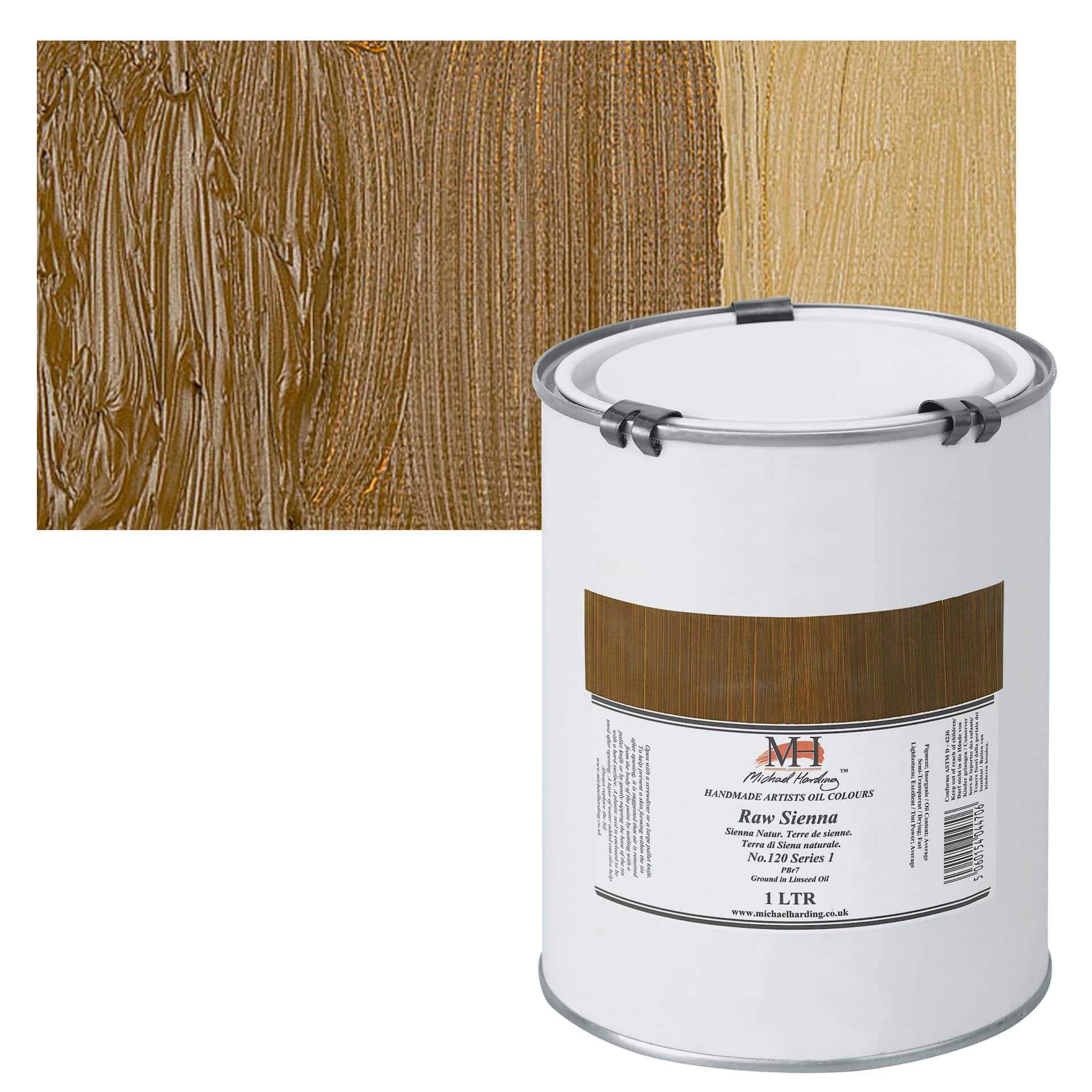 Michael Harding Artists Oil Paint - Raw Sienna, 1 Liter and swatch