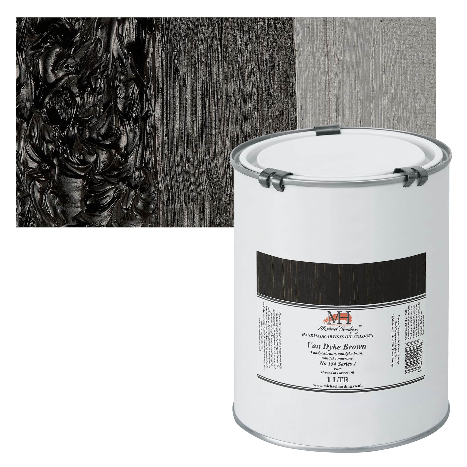Michael Harding Artists Oil Paint - Van Dyke Brown, 1 Liter and swatch