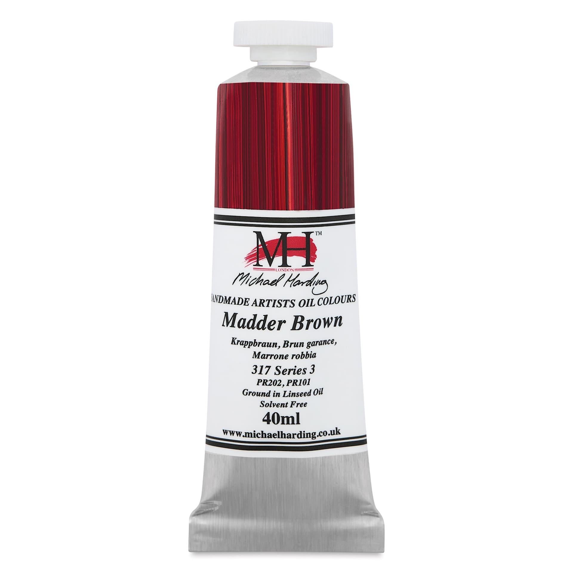 Michael Harding Artists Oil Color - Madder Brown, front of 40 ml tube