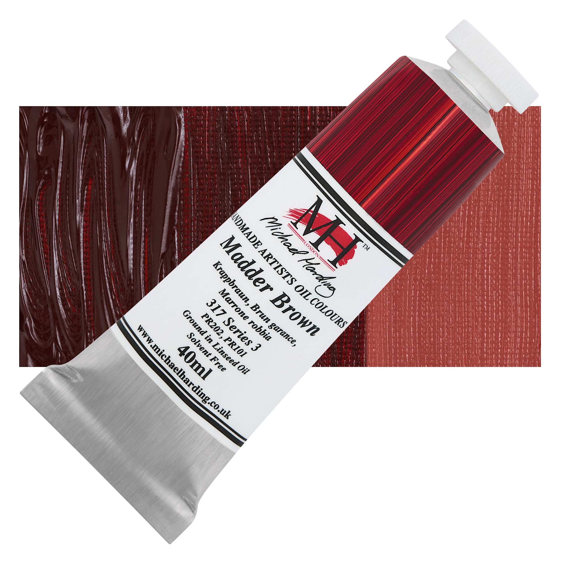 Michael Harding Artists Oil Color - Madder Brown, 40 ml tube and swatch