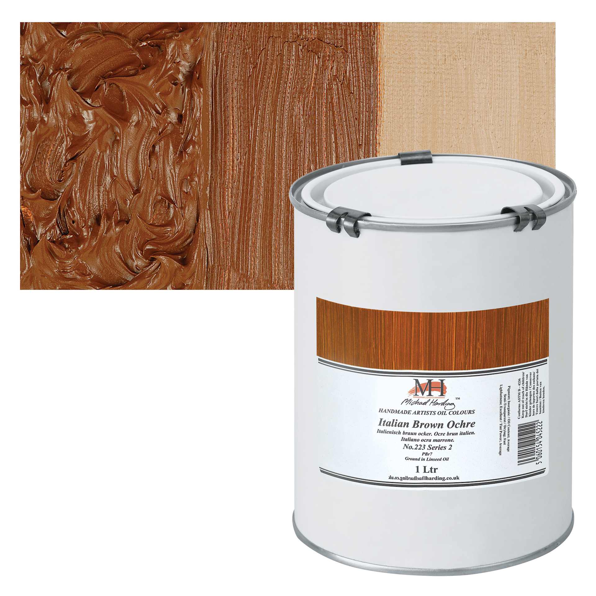 Michael Harding Artists Oil Paint - Italian Brown Ochre, 1 Liter and swatch