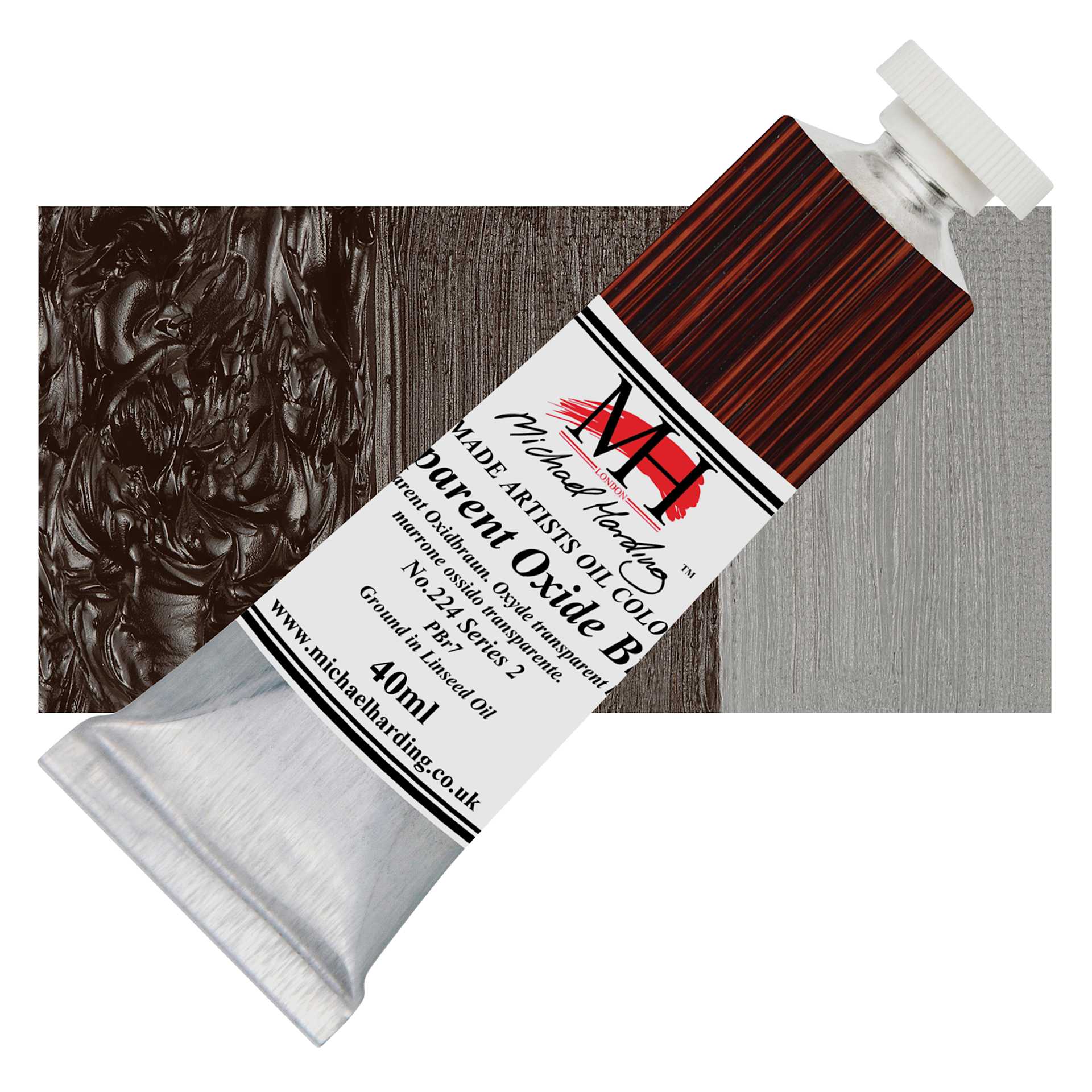 Michael Harding Artists Oil Paint - Transparent Oxide Brown, 40 ml tube and swatch