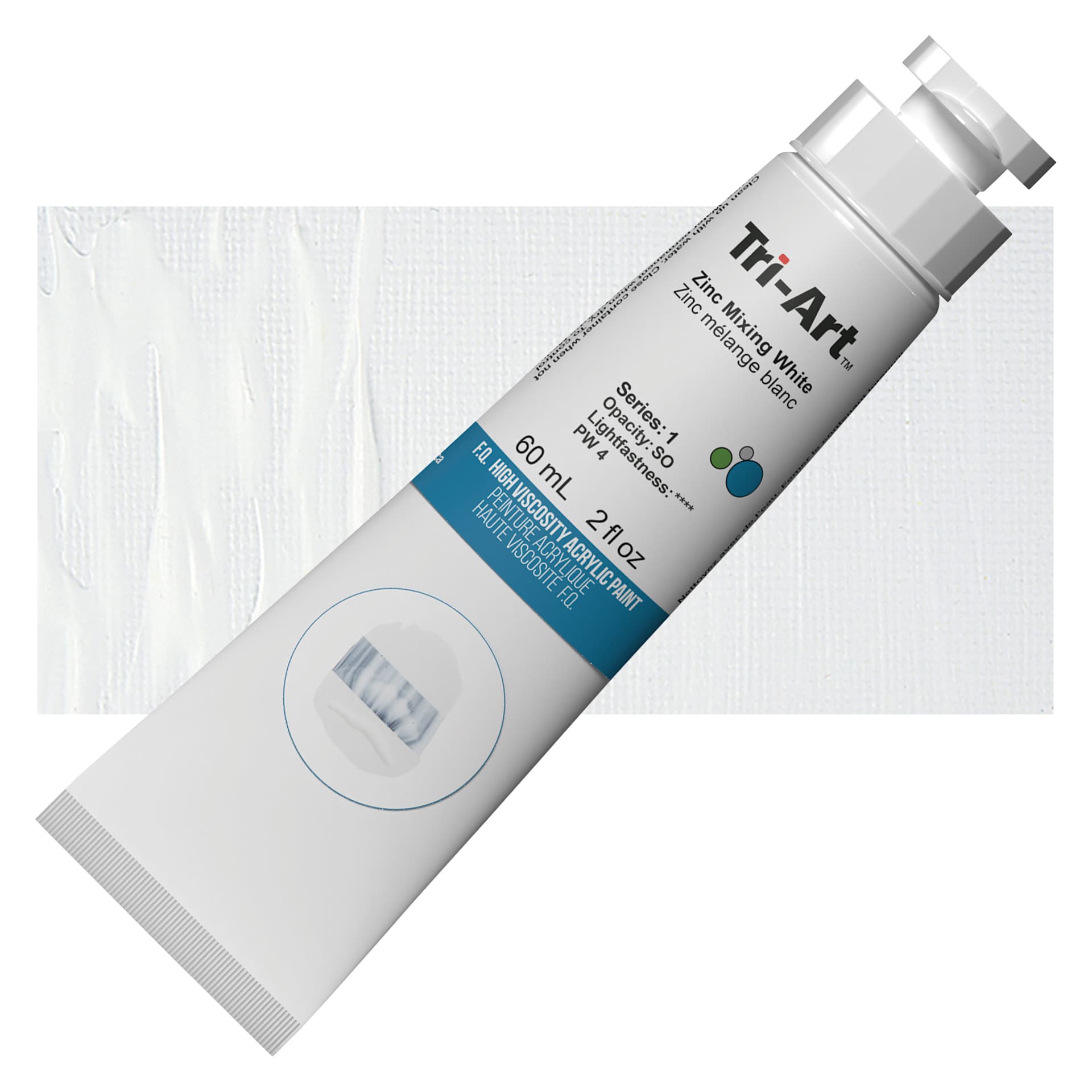 Tri-Art High Viscosity Artist Acrylic - Zinc Mixing White, 60 ml tube and swatch