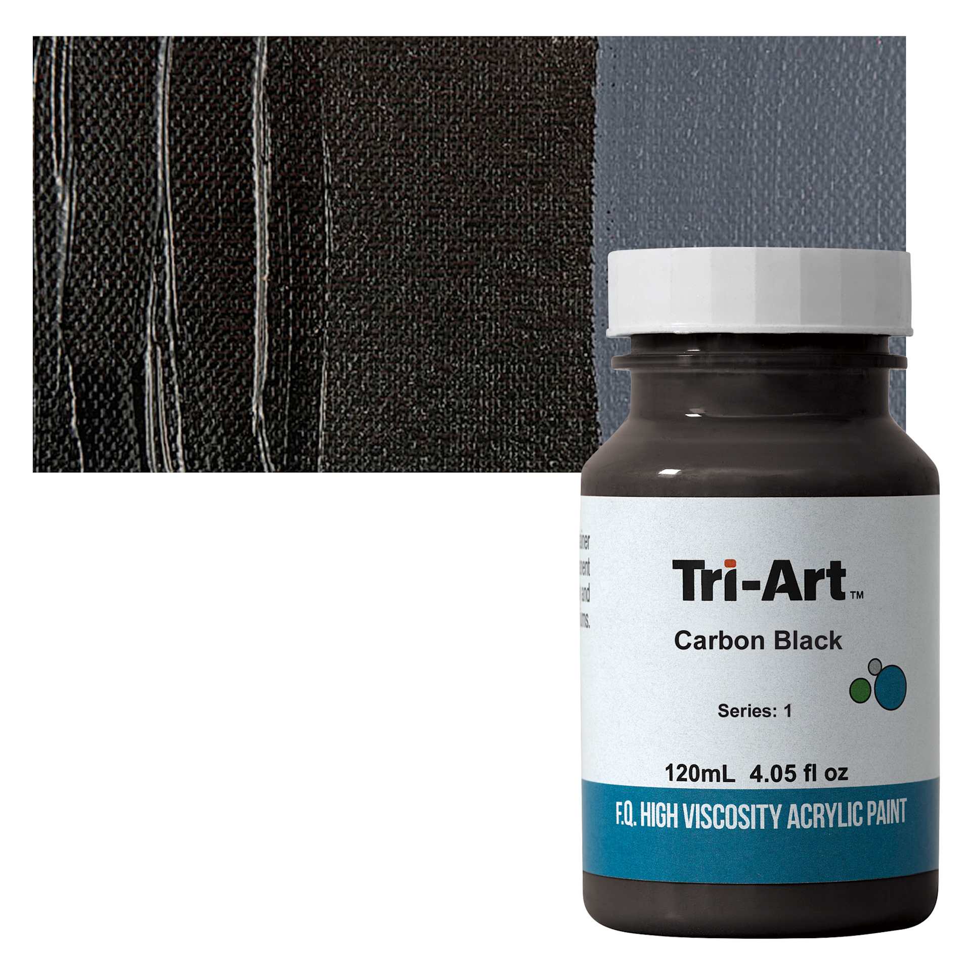 Tri-Art High Viscosity Artist Acrylic - Carbon Black, 120 ml jar and swatch