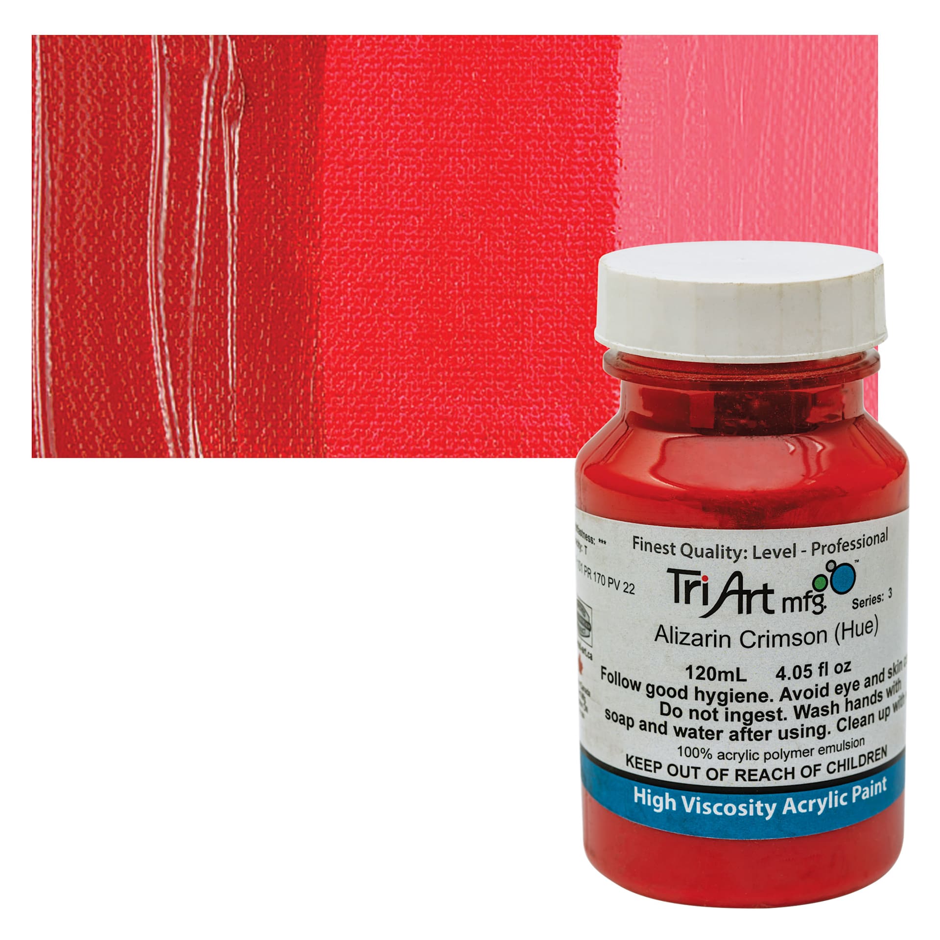 Tri-Art High Viscosity Artist Acrylic - Alizarin Crimson Hue, 120 ml jar and swatch