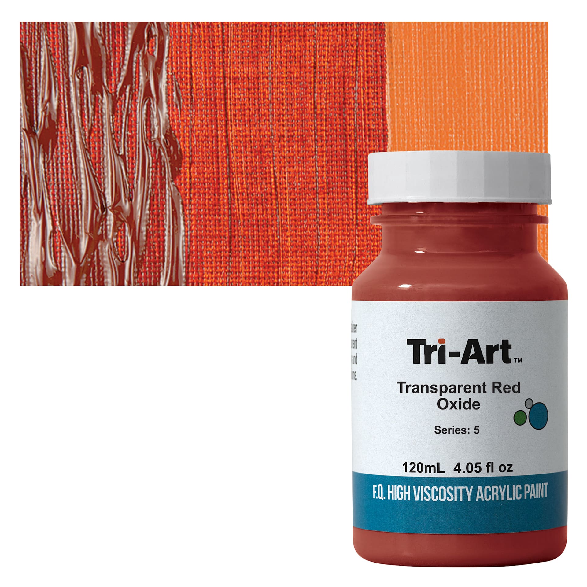 Tri-Art High Viscosity Artist Acrylic - Transparent Red Oxide, 120 ml jar and swatch